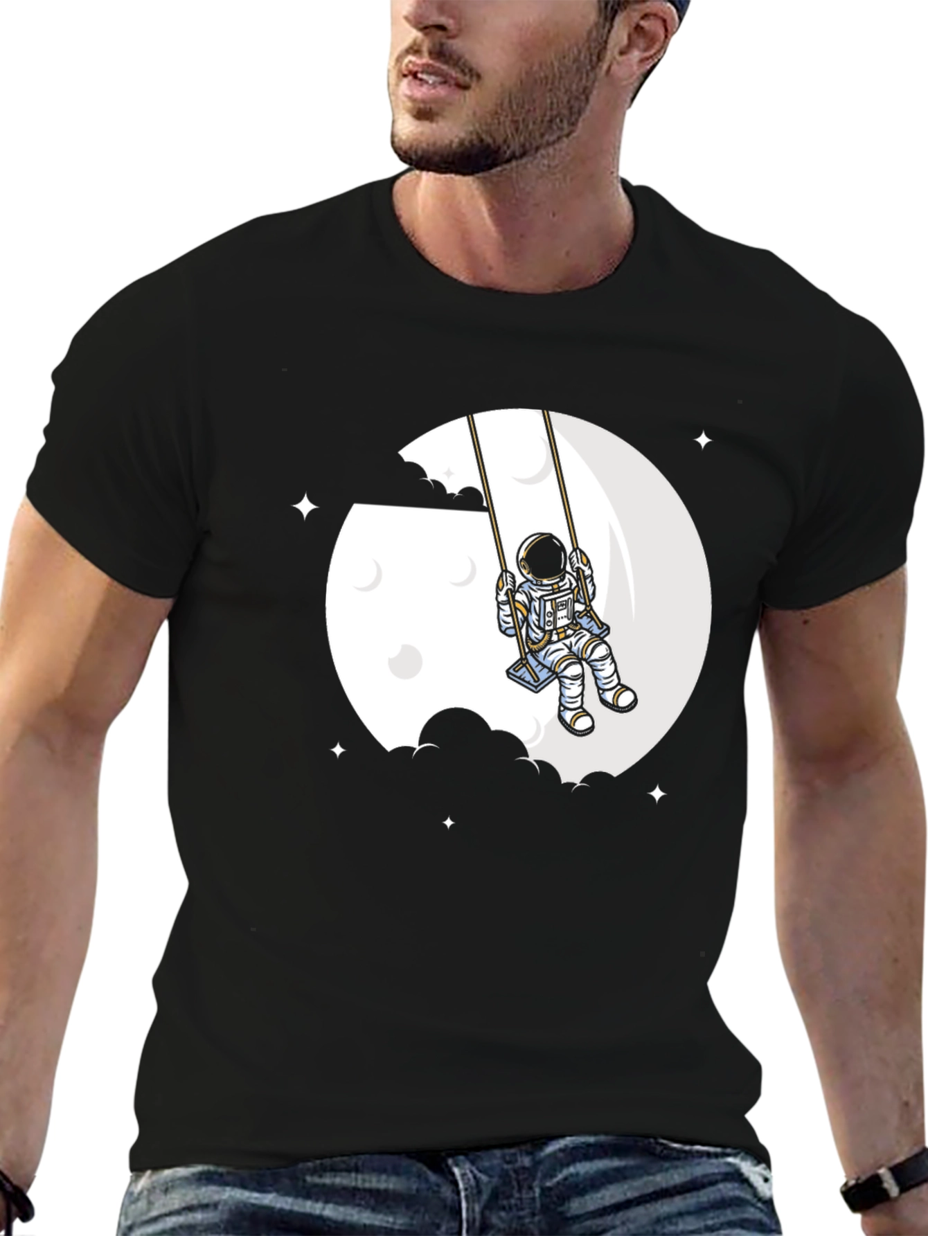 Black Astronaut Moon Swing Graphic T-Shirt - Unique Space Design view 6