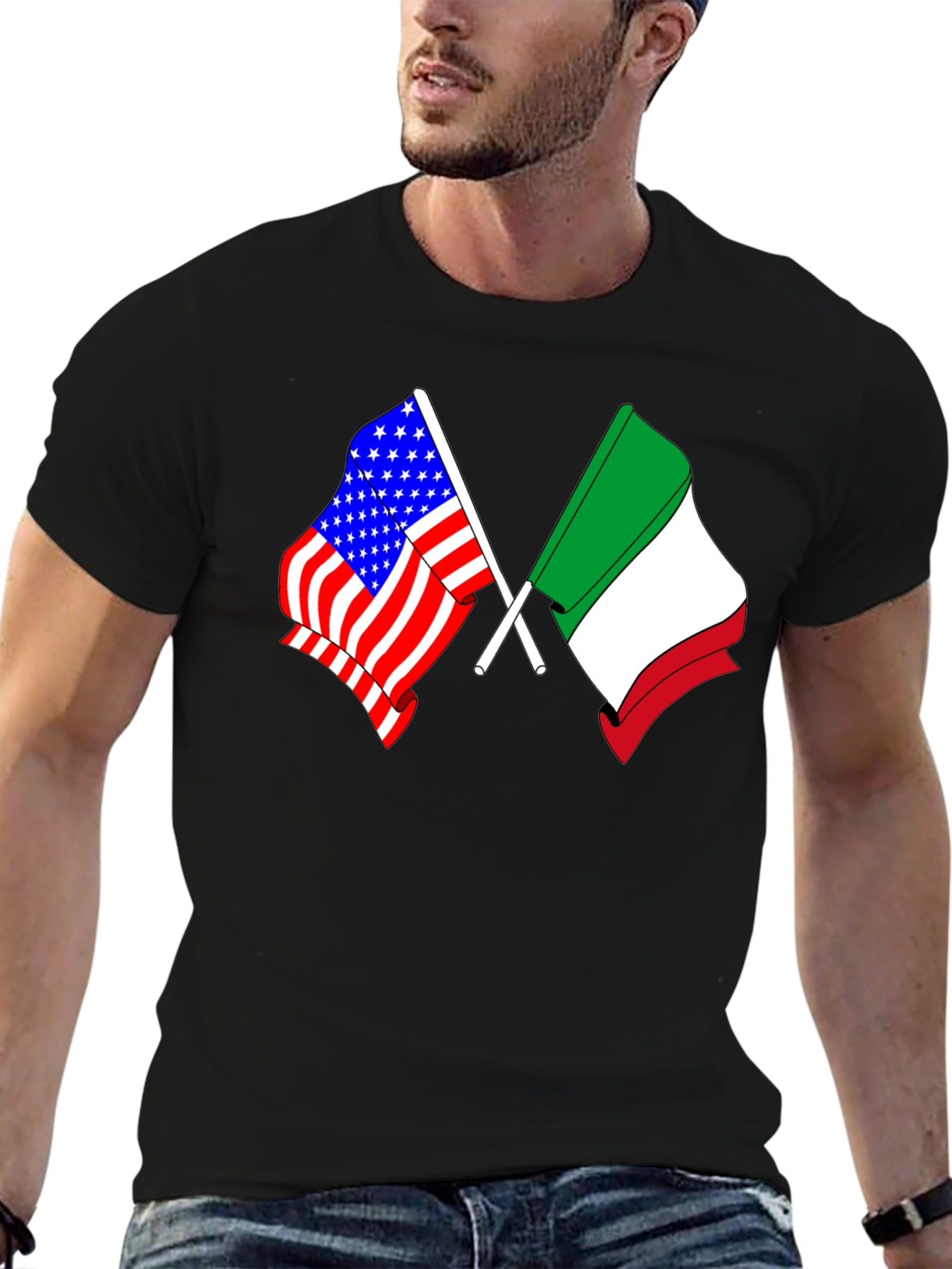 Black USA Italy Flags Graphic T-Shirt view 6