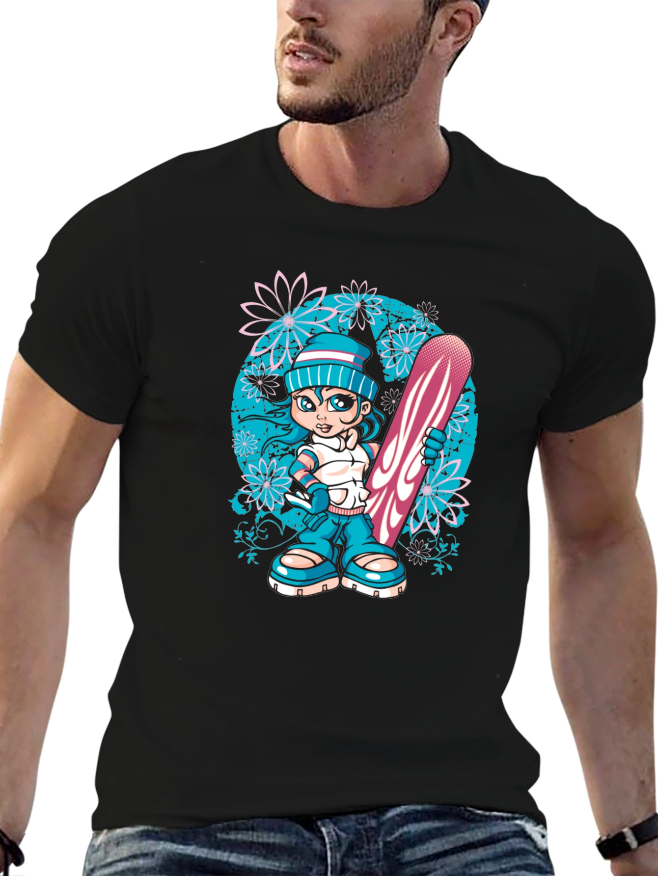 Black Snowboard Girl Graphic T-Shirt - Black Cotton Tee view 6