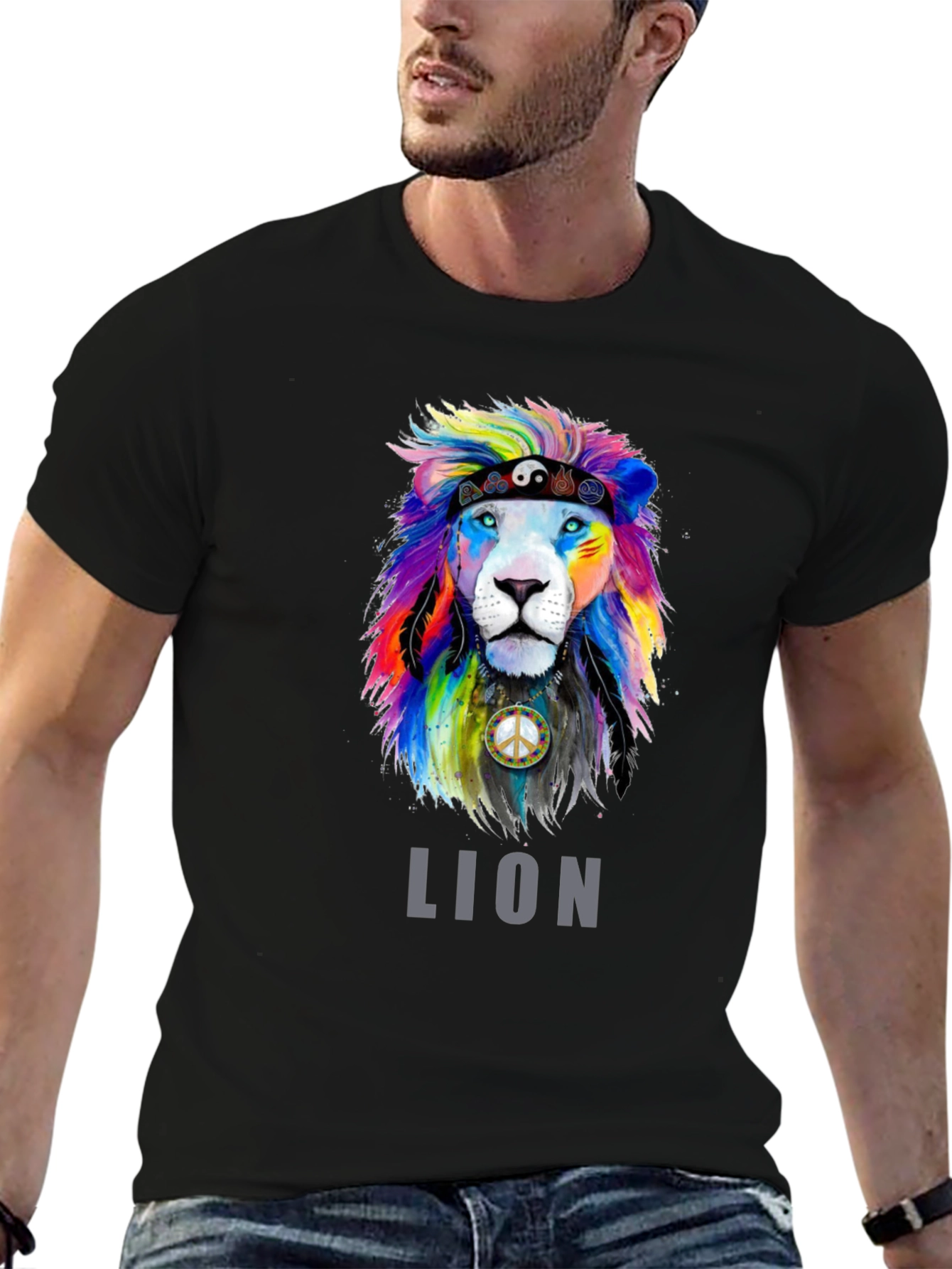 Black Colorful Lion Graphic Tee - Peace & Pride T-Shirt view 6