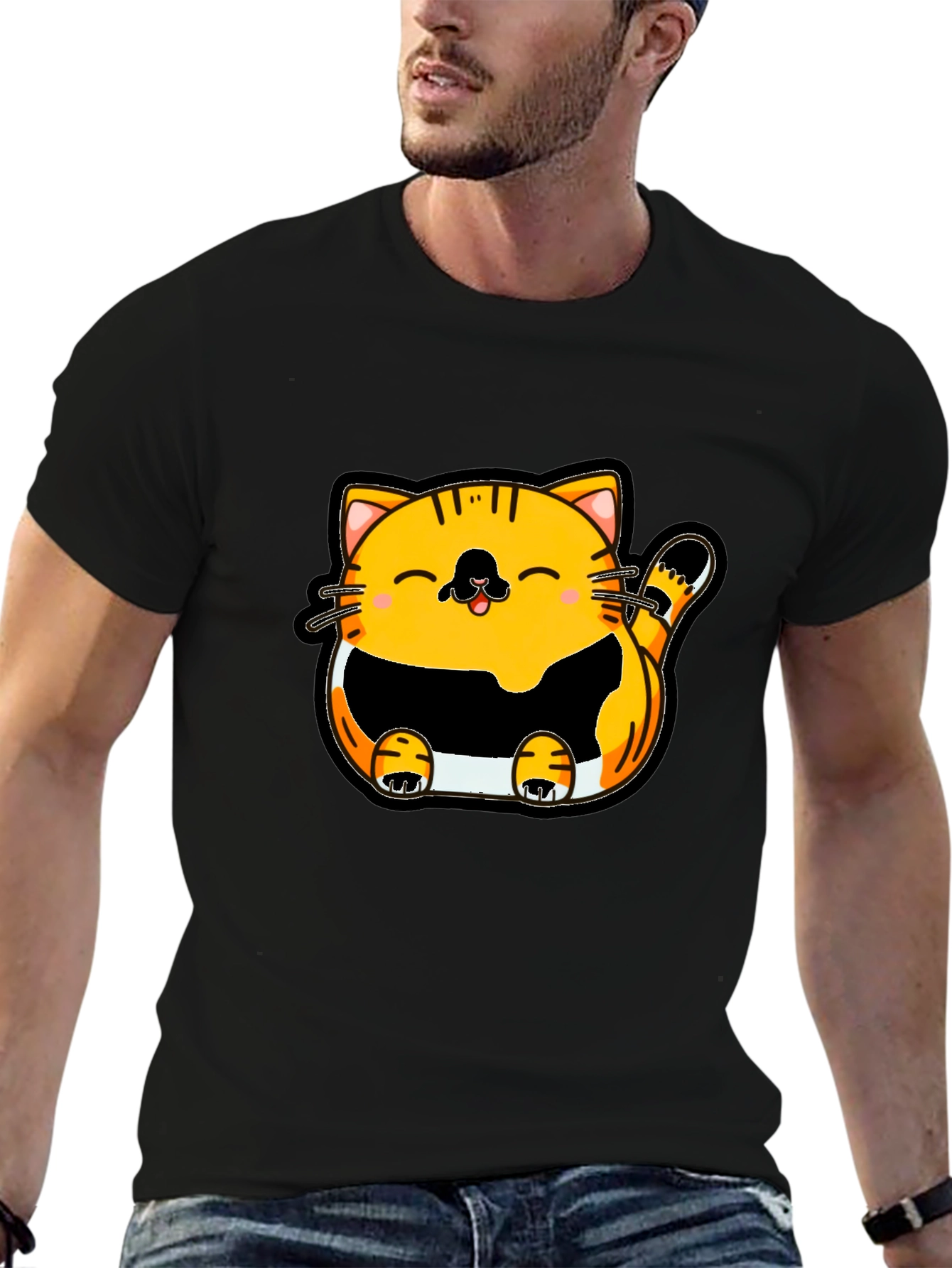 Black Cute Cartoon Cat Graphic T-Shirt - Black view 6