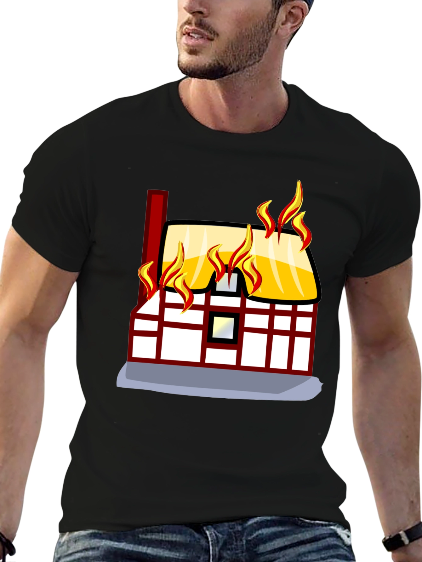 Black Burning House Graphic Tee - Black Cotton T-Shirt view 6