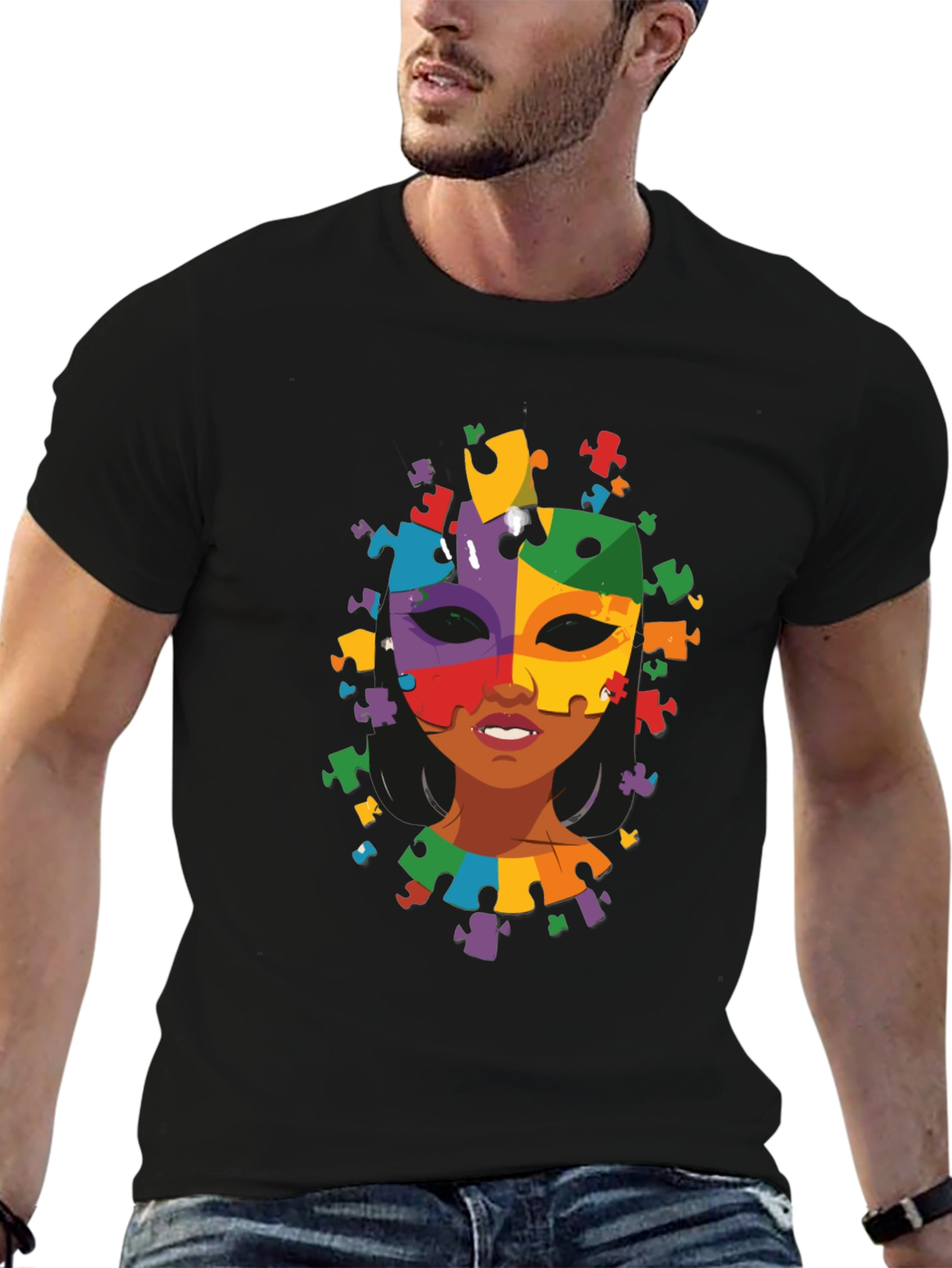 Black Autism Awareness Puzzle Piece Mask Tee view 6