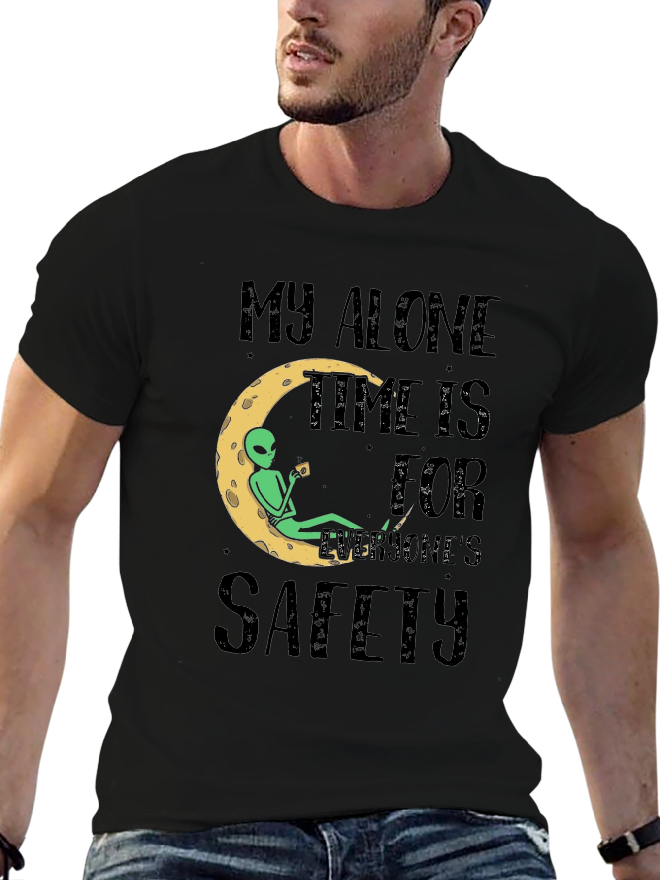 Black Alien Moon Time T-Shirt - My Alone Time Is For Everyone's Safety Tee view 6