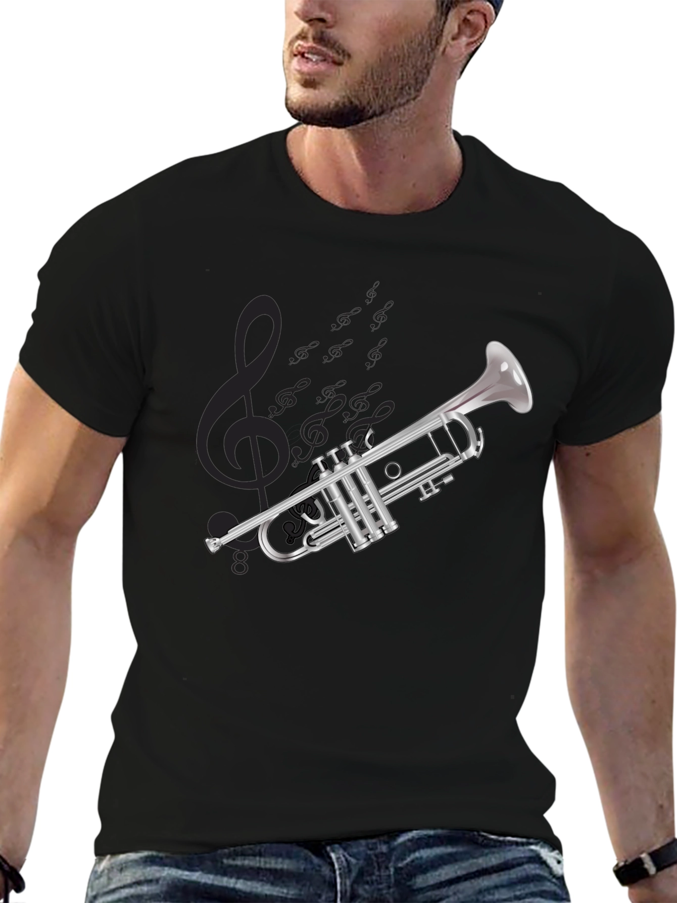 Black Musical Trumpet Graphic T-Shirt - Black Cotton Tee view 6