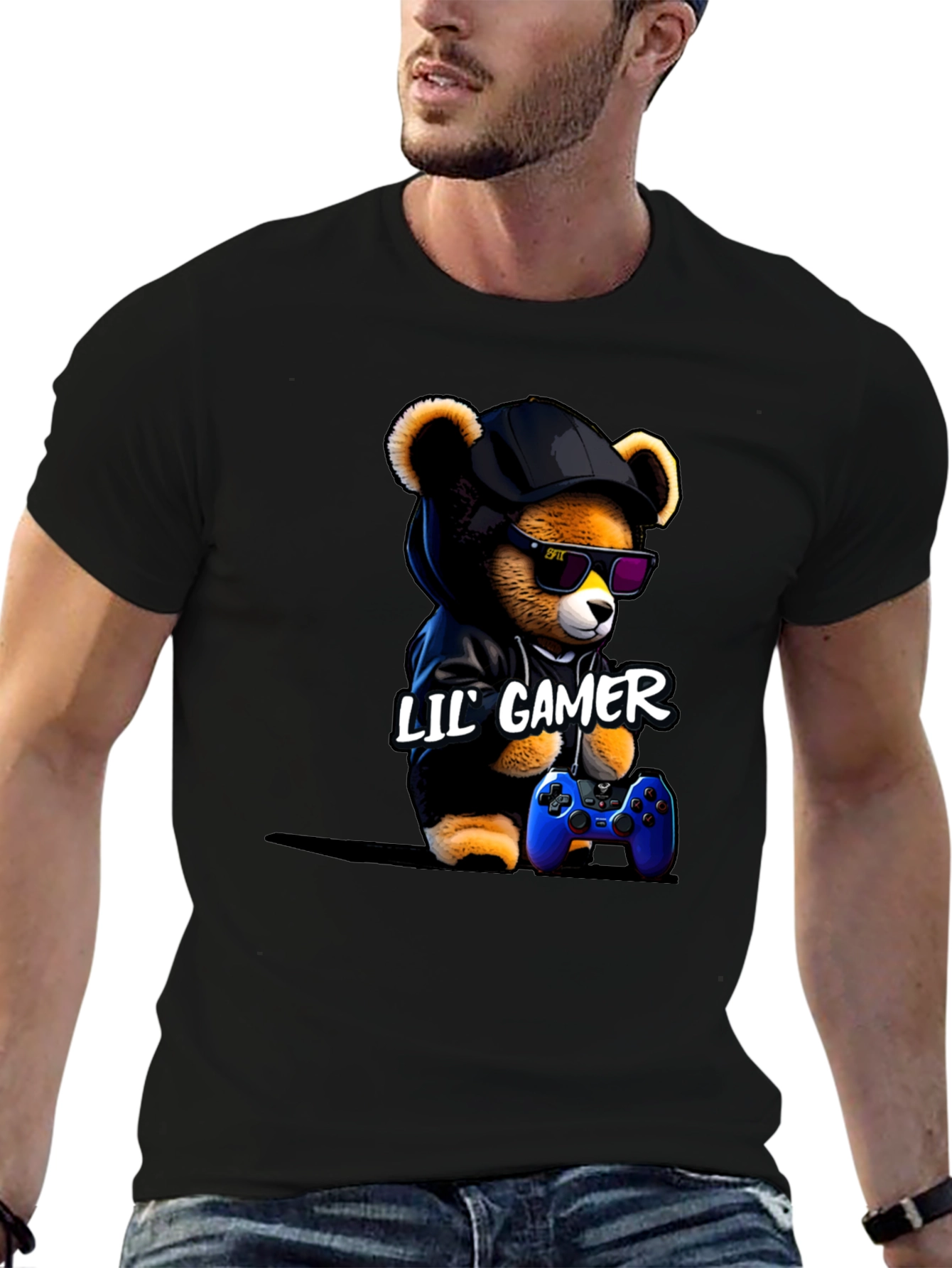 Black Lil' Gamer Bear T-Shirt view 6