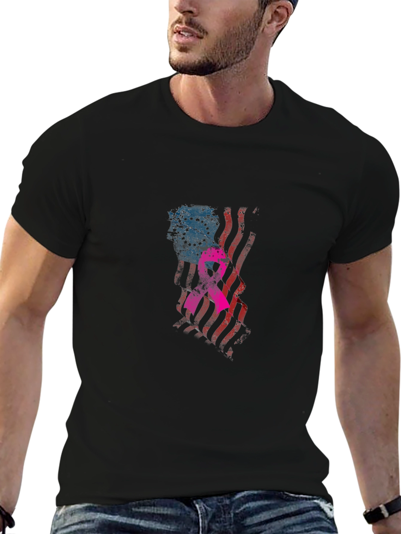 Black Patriotic Breast Cancer Awareness T-Shirt view 6