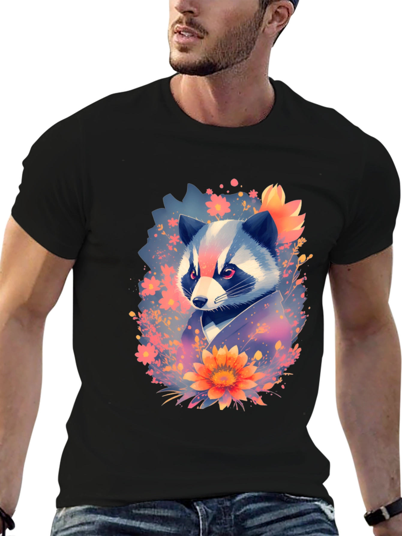 Black Floral Raccoon Graphic Black T-Shirt view 6