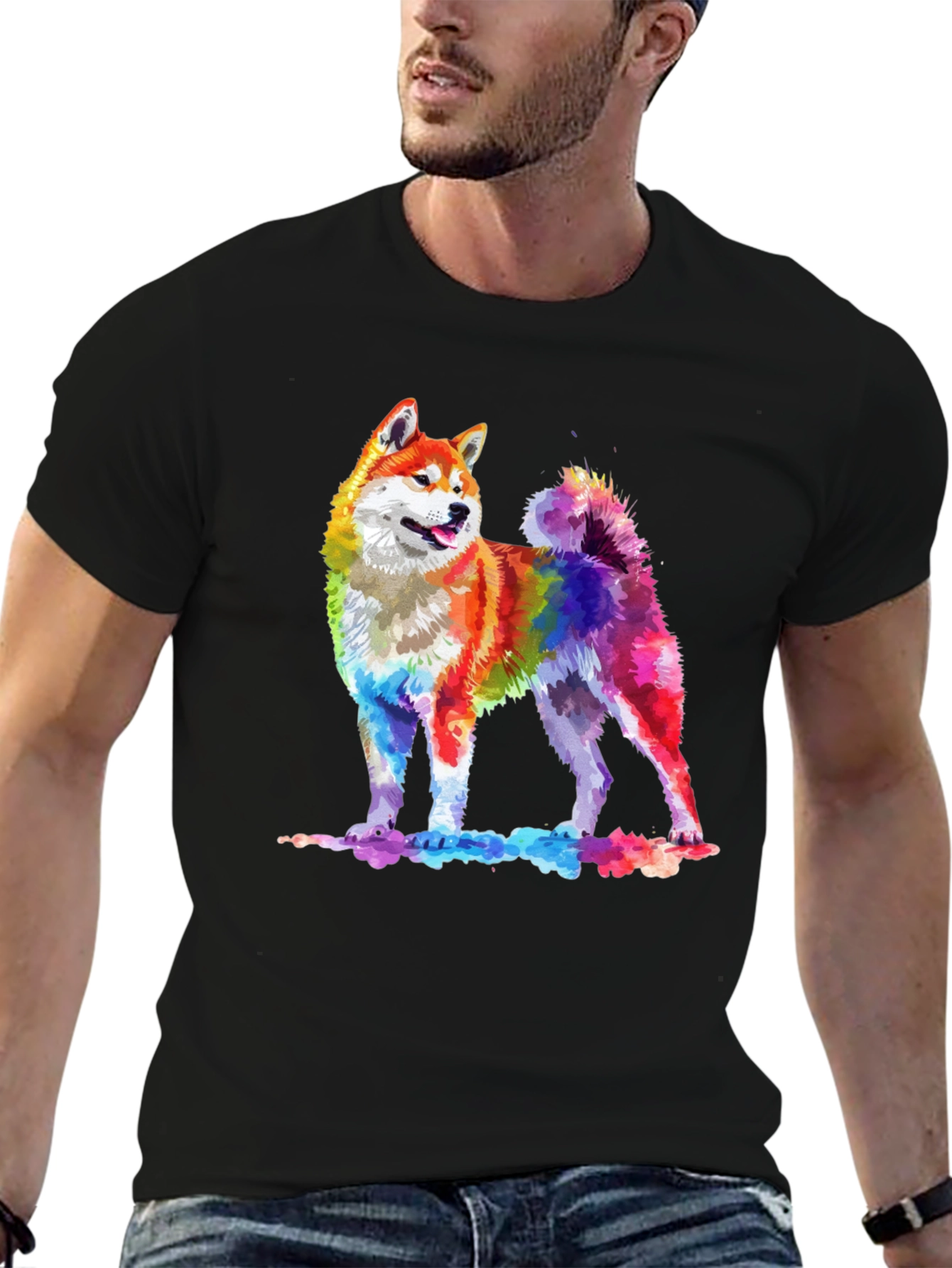 Rainbow Akita Dog Graphic Tee - Stylish Men's Black T-Shirt - 6
