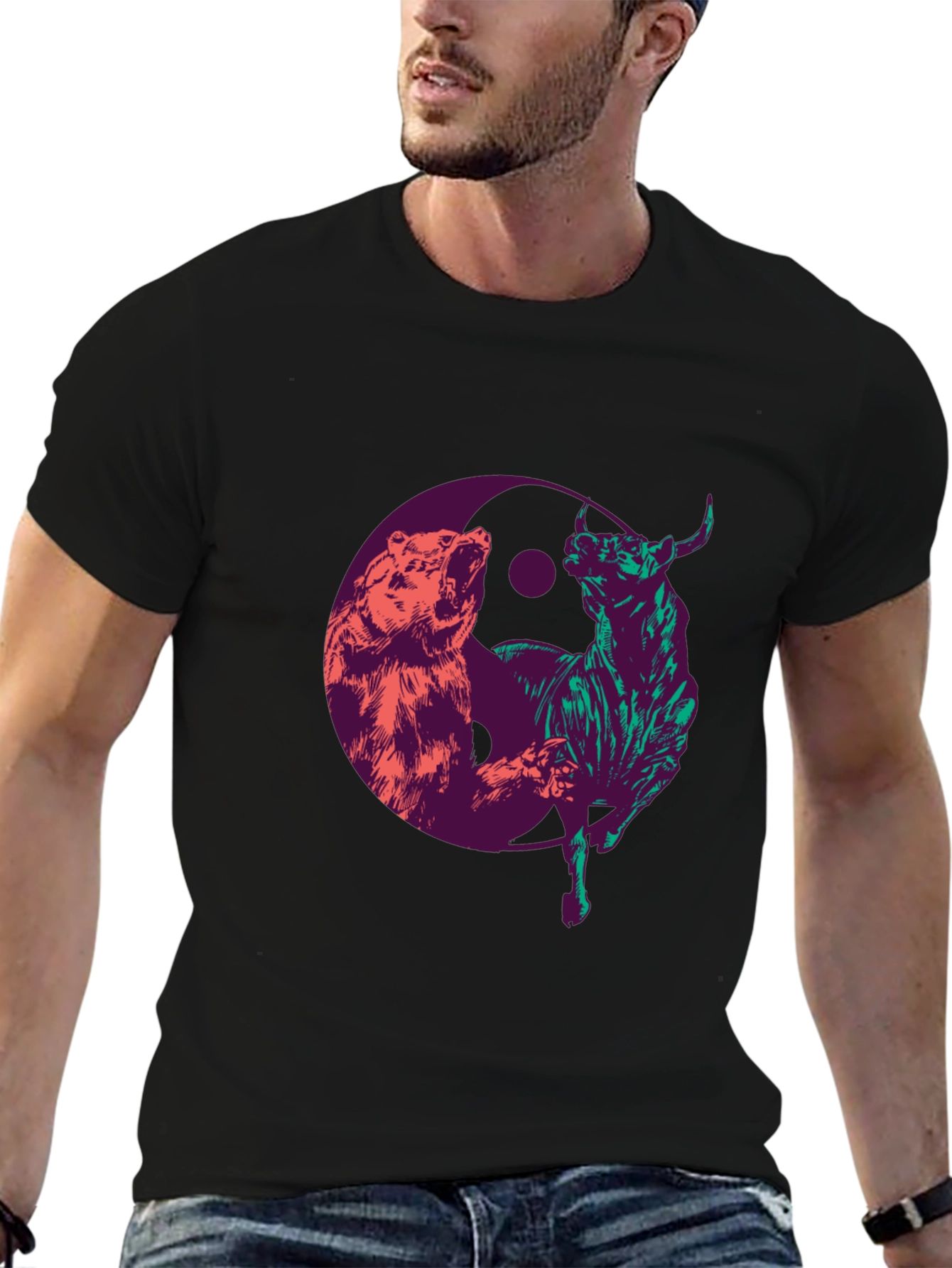 Black Yin Yang Bull and Bear Graphic T-Shirt view 6