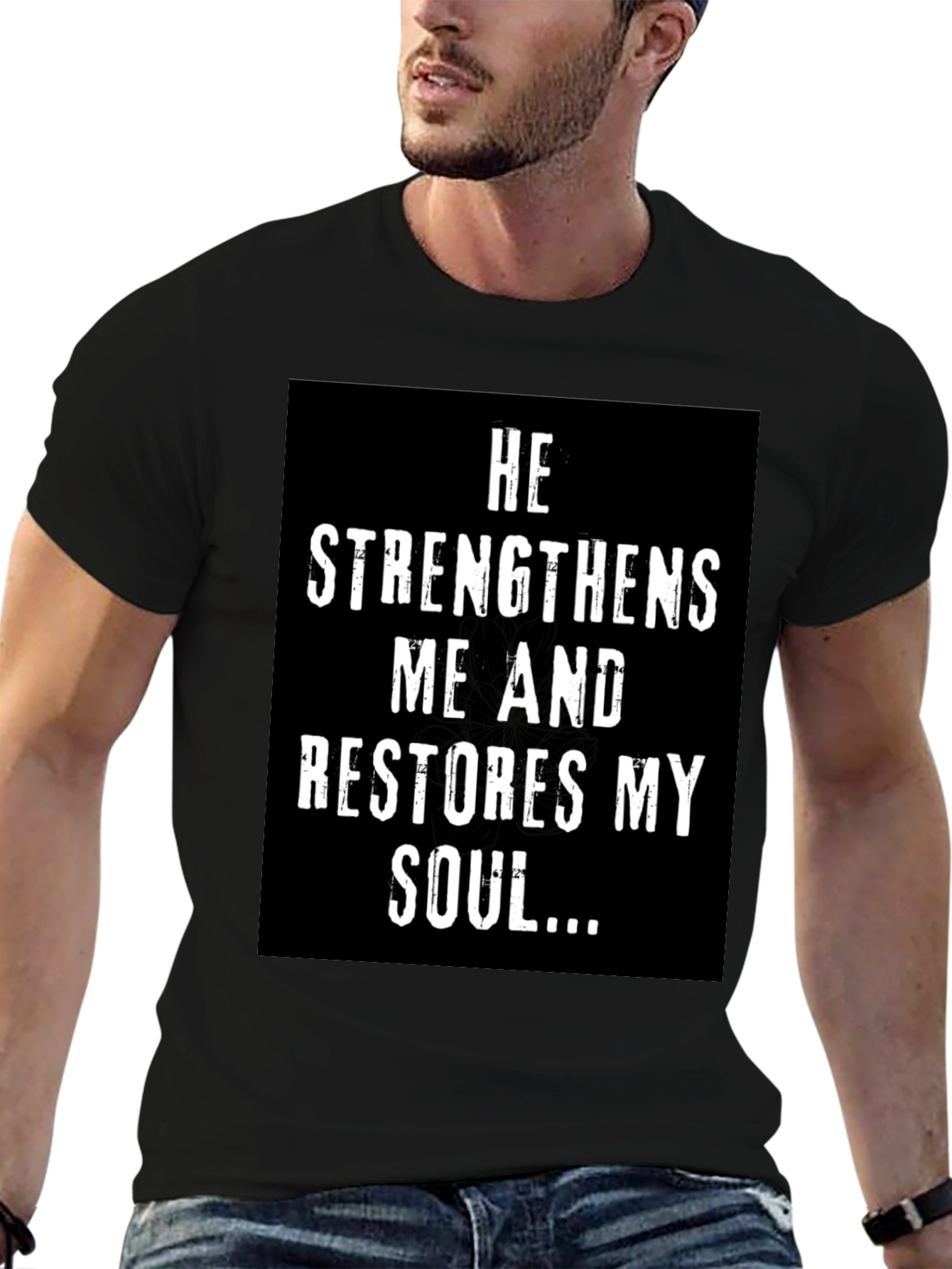 Black Faith-Inspired Black T-Shirt: He Strengthens Me... view 6