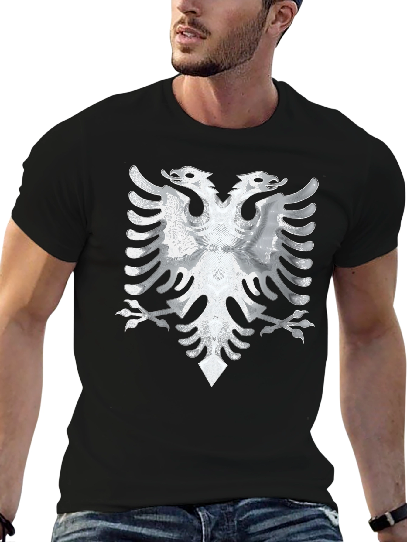 Black Tee with Silver Albanian Eagle Graphic - 6