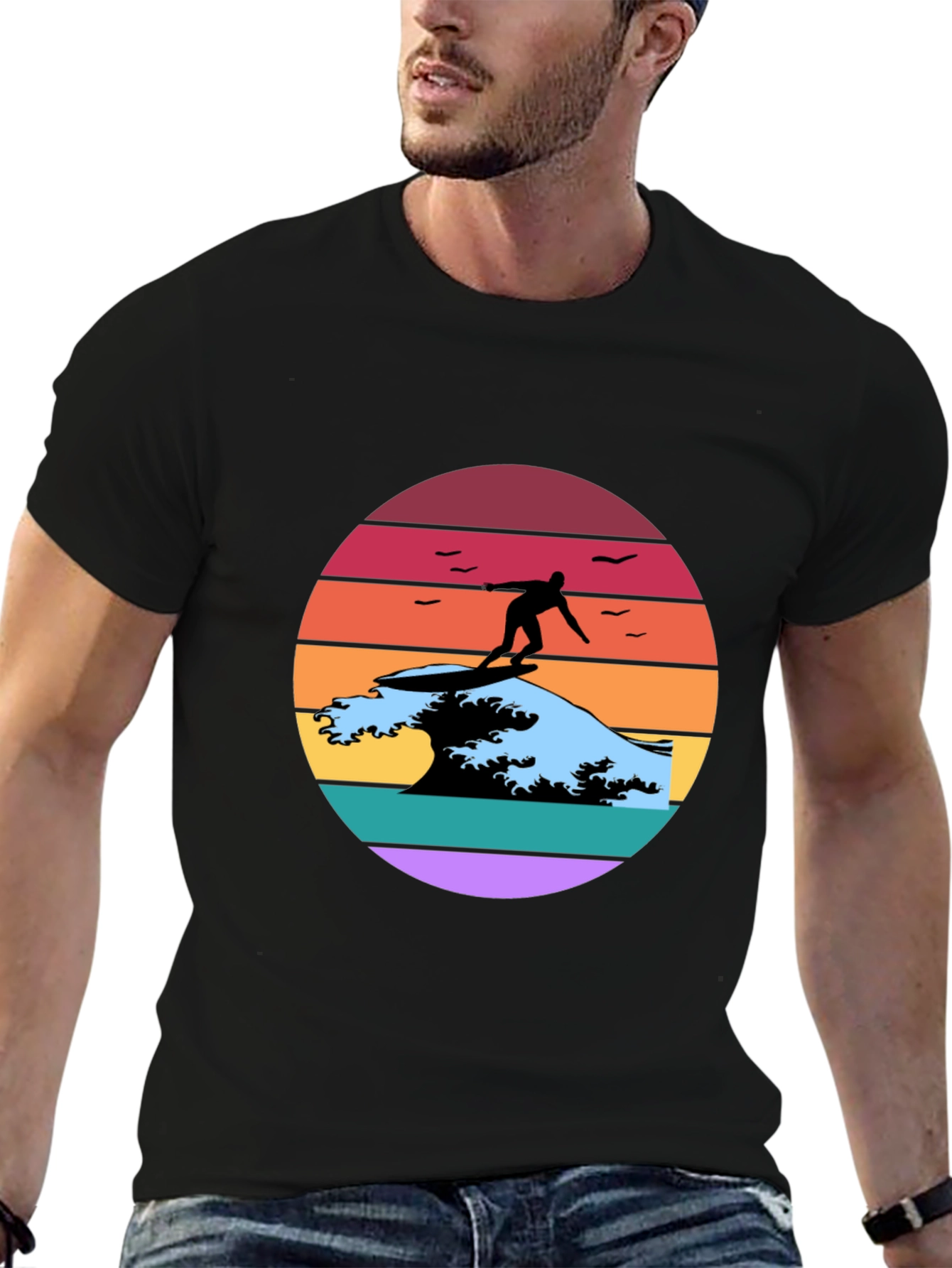 Black Retro Surfer Wave Graphic Tee view 6