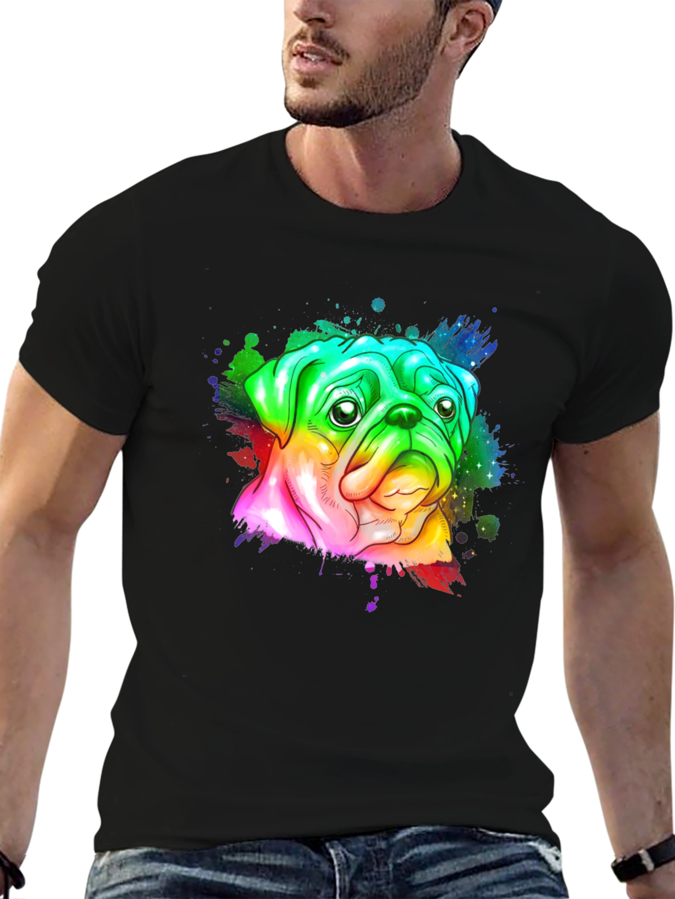 Black Rainbow Pug Graphic Tee - Men's Black T-Shirt view 6