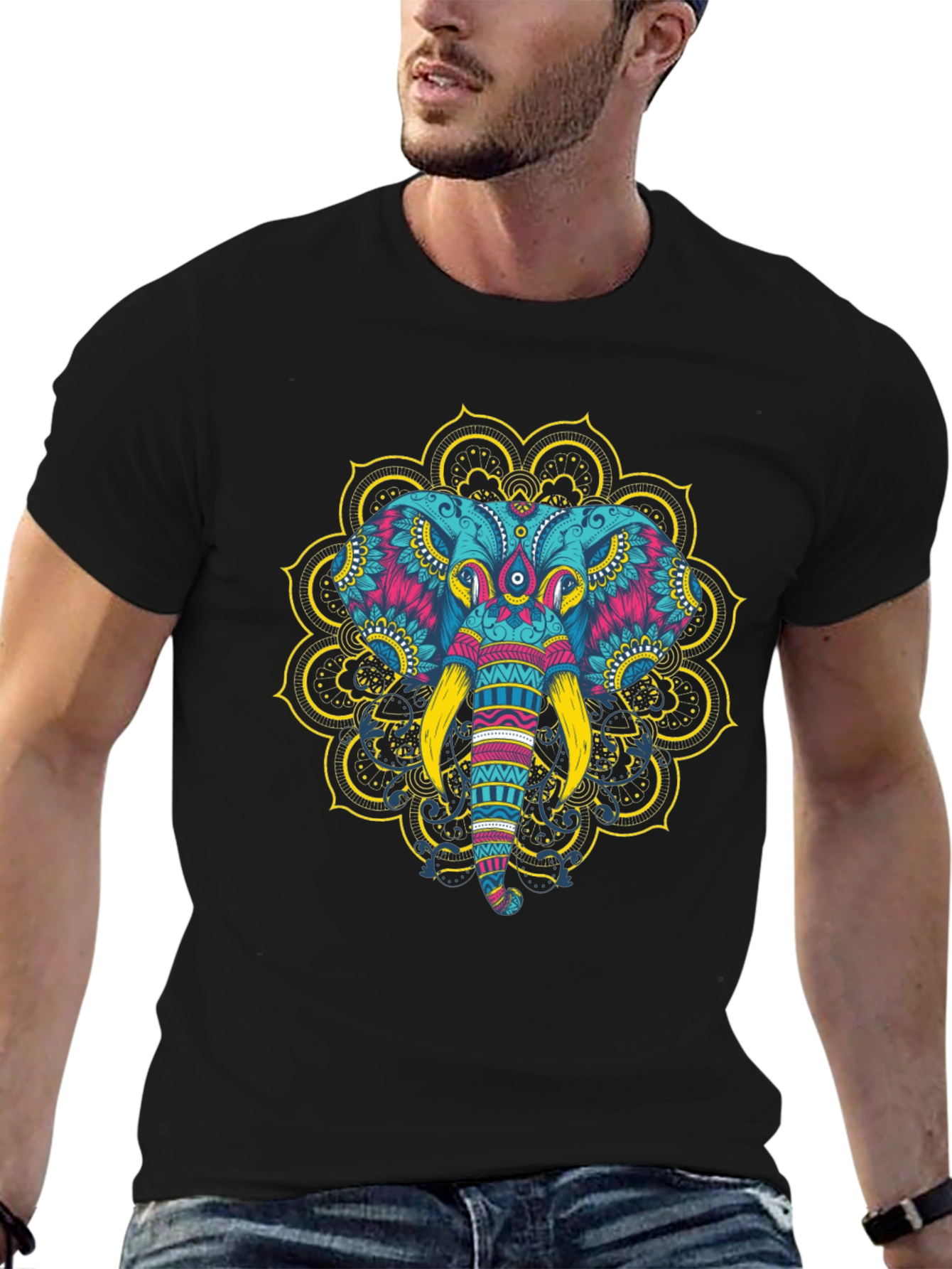 Black Elephant Mandala Graphic Tee - Men's Black T-Shirt view 6