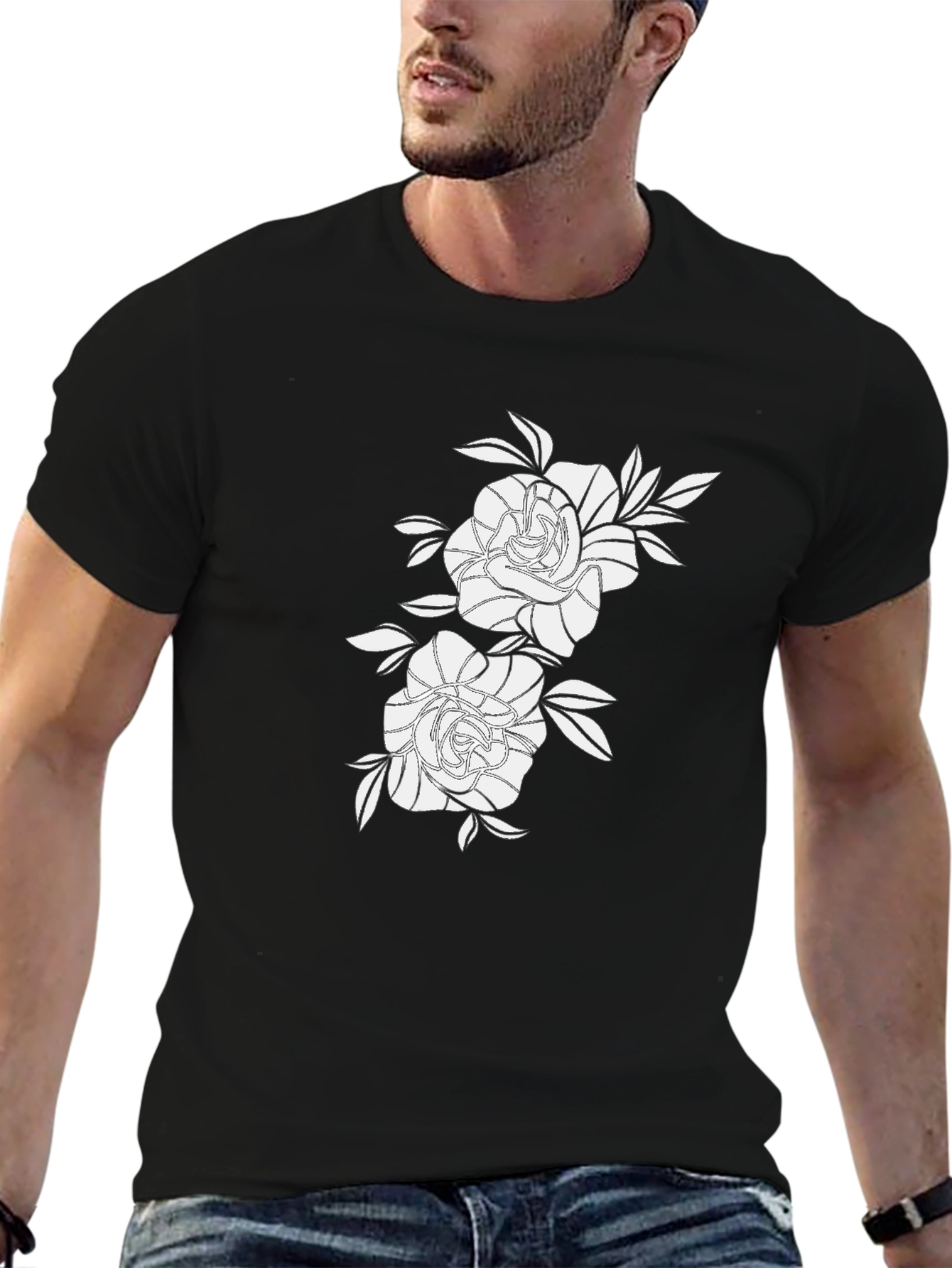 Black Black Graphic Tee with Floral Rose Design view 6