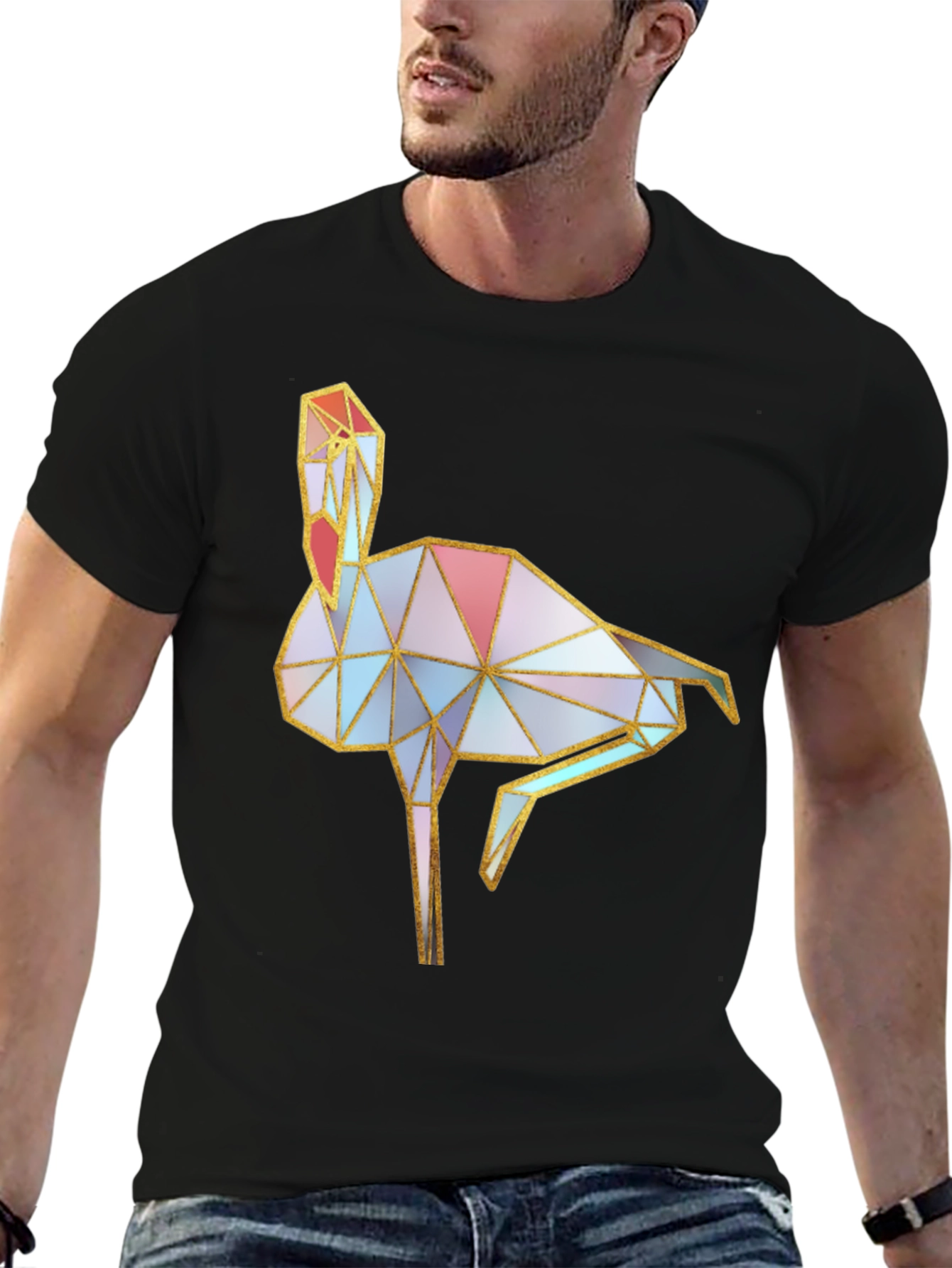 Black Geometric Flamingo Graphic Black T-Shirt view 6