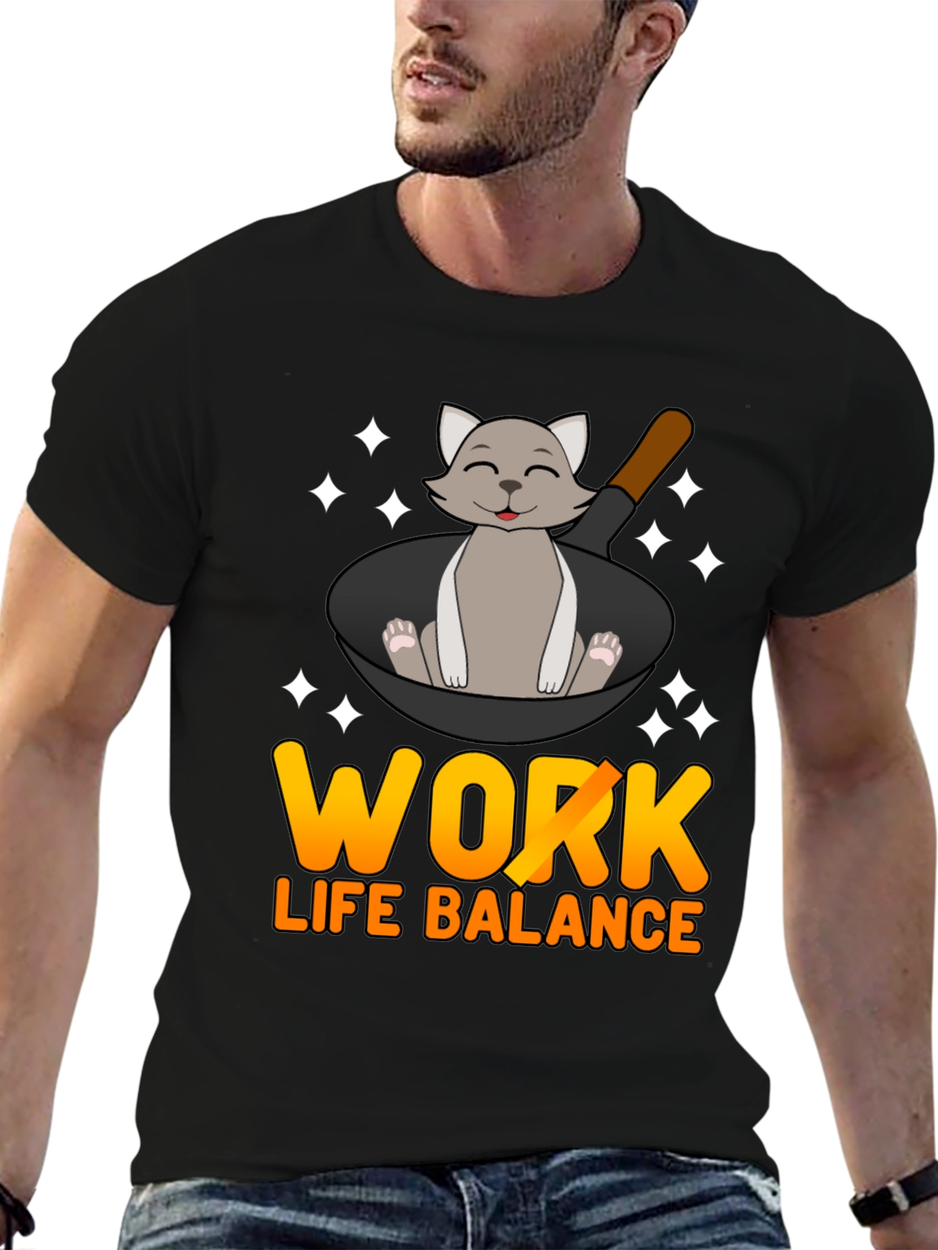 Black Work Life Balance Cat Pan T-Shirt view 6