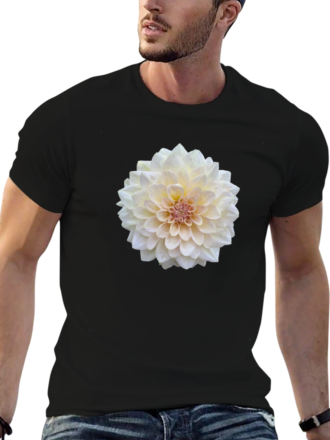 Black Floral Tee - Elegant Dahlia Flower Print T-Shirt view 6