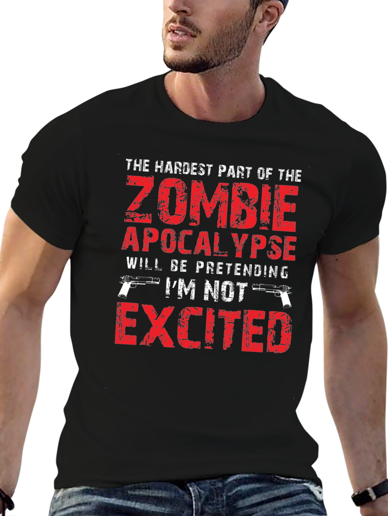 Black Zombie Apocalypse Excited T-Shirt Funny Novelty Tee view 6