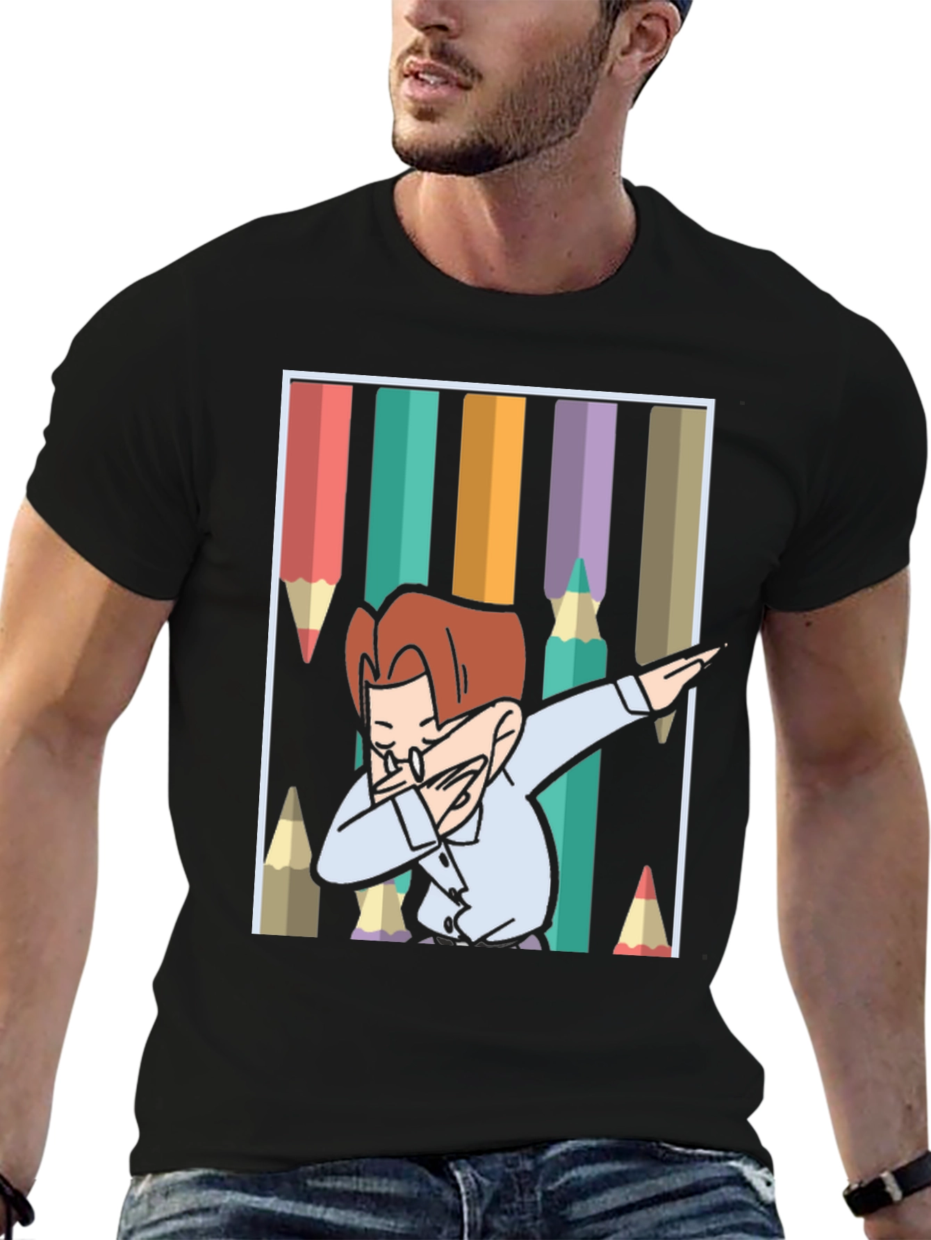 Black Dabbing Cartoon T-Shirt view 6