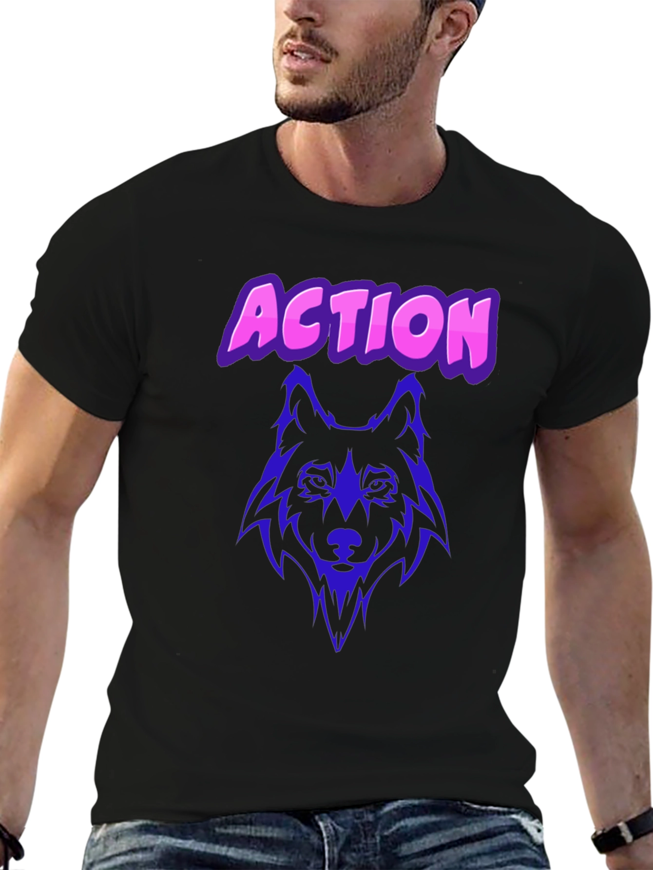 Black Action Wolf Graphic Tee - Black Cotton T-Shirt view 6