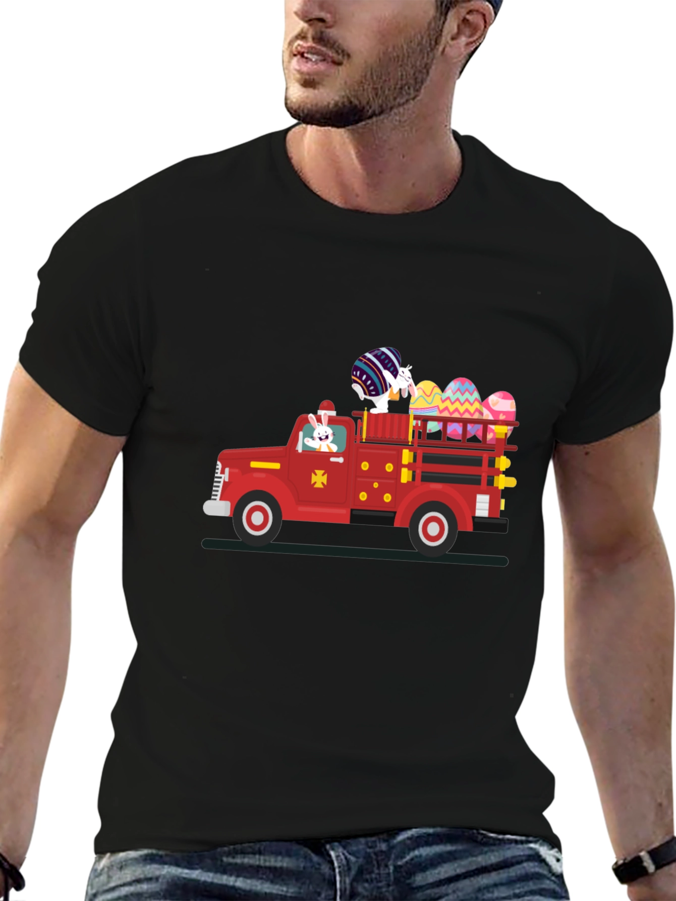 Camiseta Negra con Diseño de Camión de Pascua