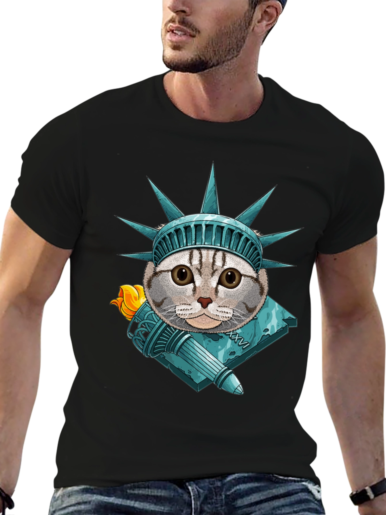 Black Liberty Cat Graphic T-Shirt view 6