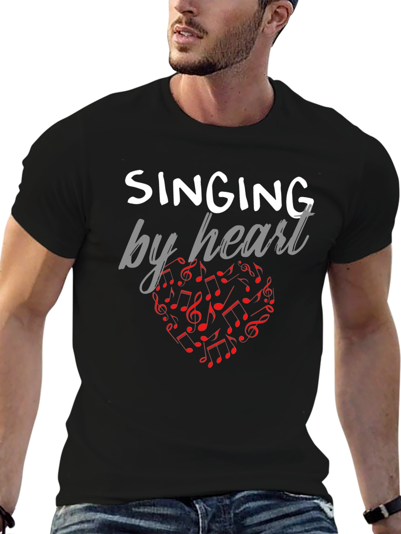 Black Singing By Heart T-Shirt - Music Notes Heart Tee view 6