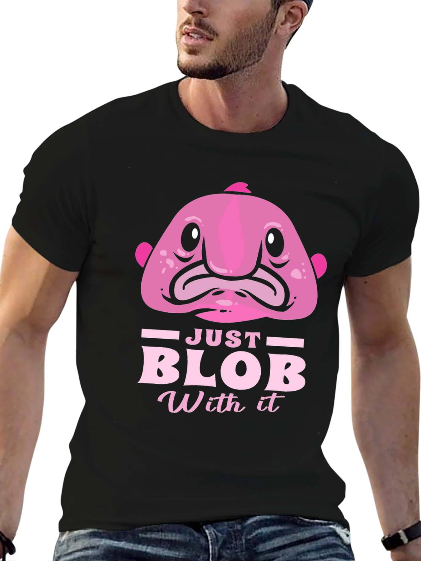 Black Just Blob With It Funny Pink Fish T-Shirt view 6