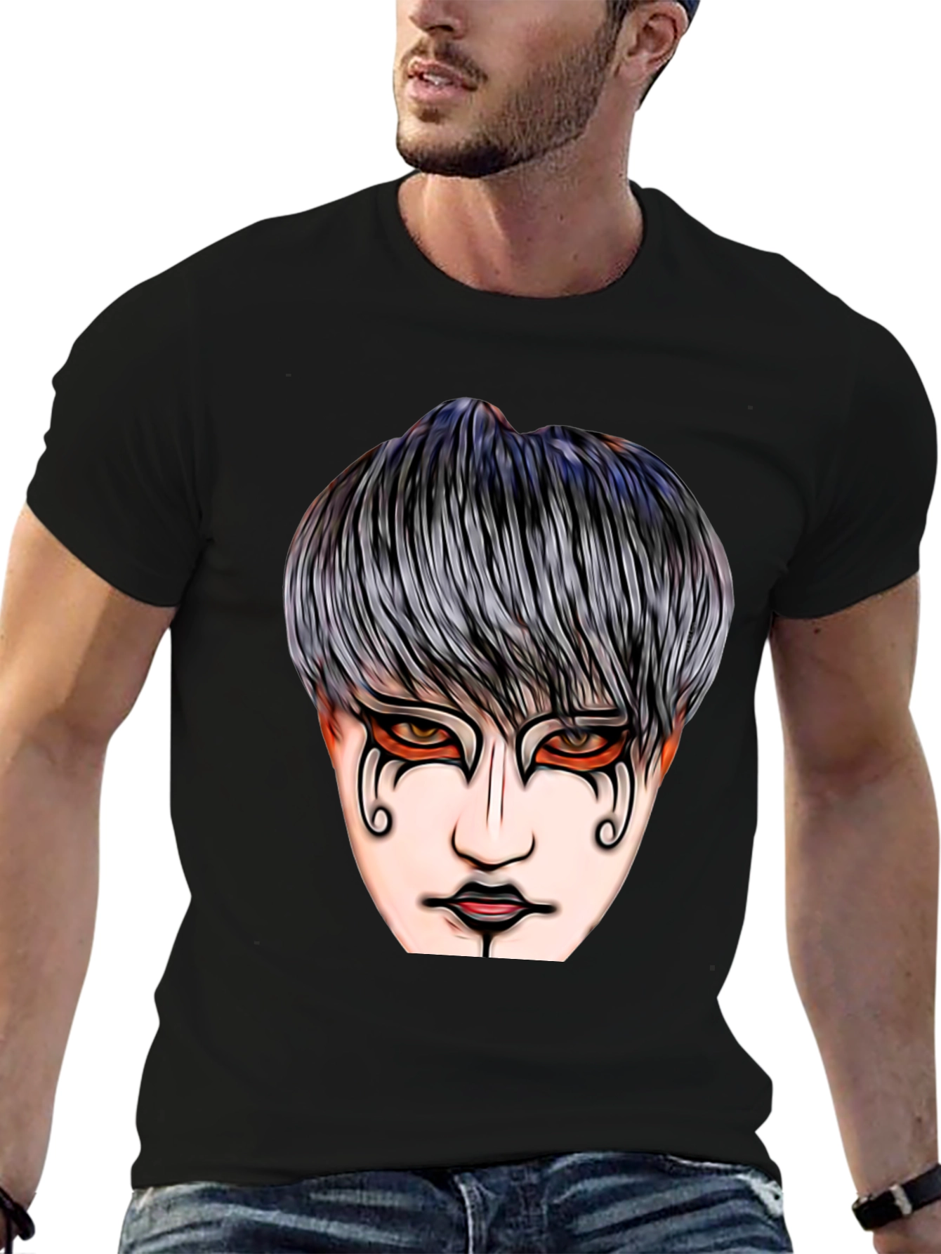 Black Graphic Print T-Shirt with Mysterious Face Design view 6
