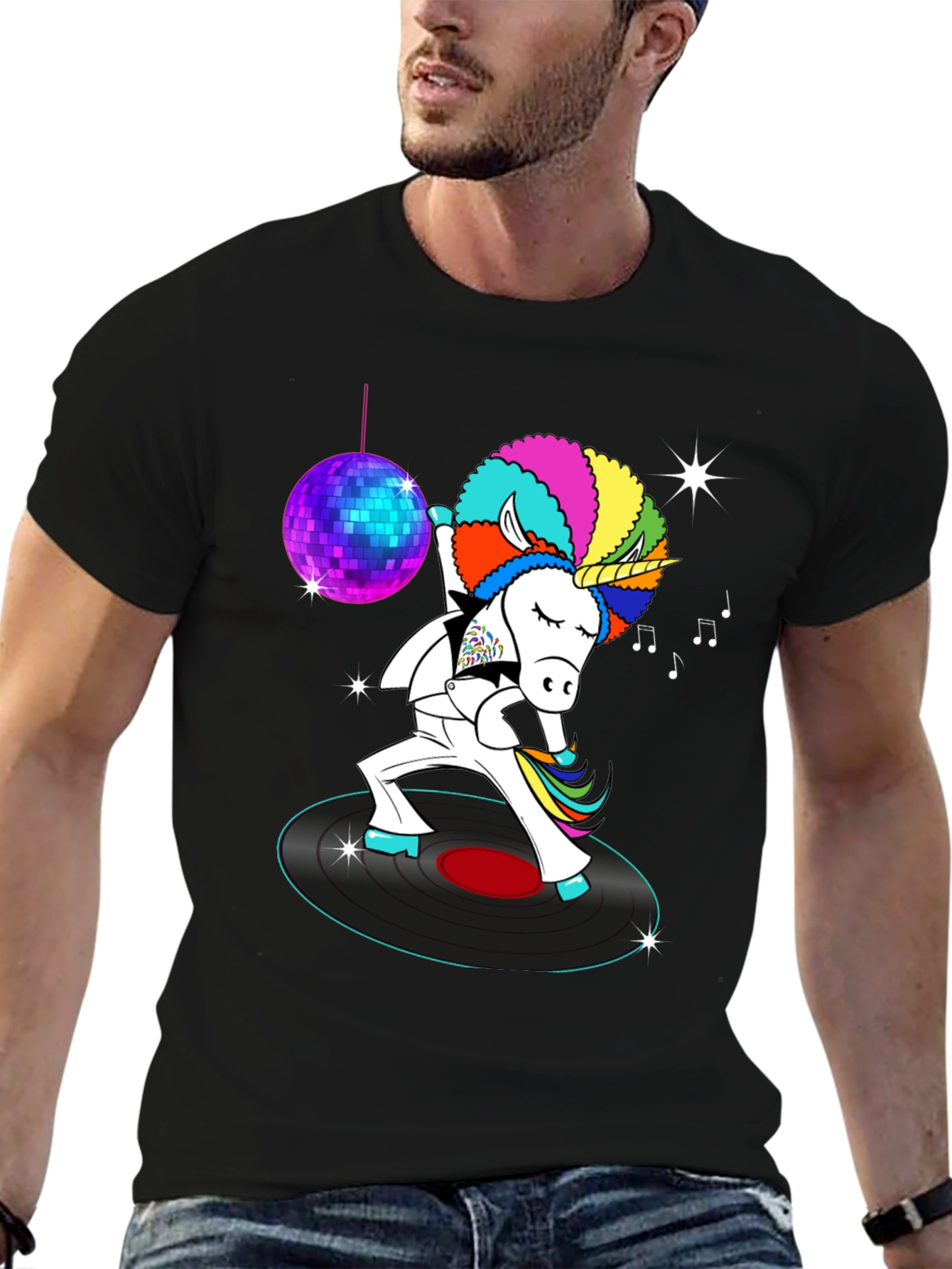 Black Disco Unicorn Graphic T-Shirt - Funky Dance Tee view 6