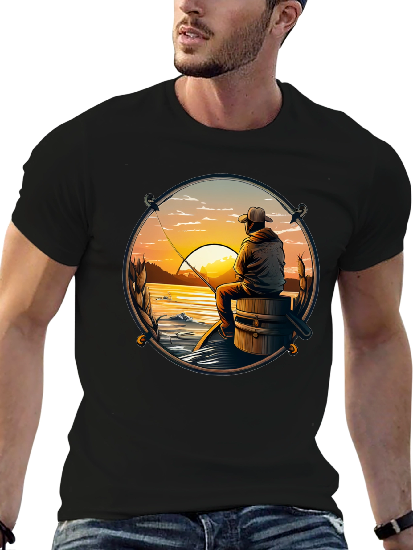 Black Fishing Sunset T-Shirt view 6