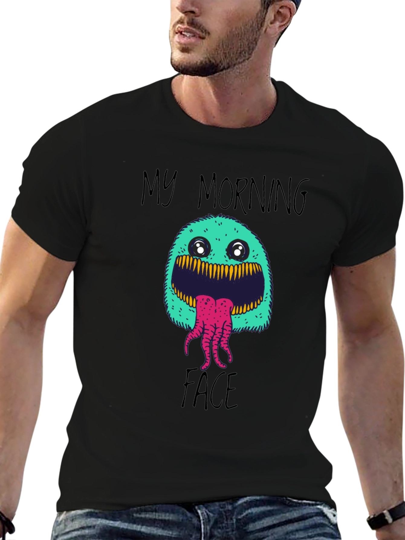 Black My Morning Face T-Shirt - Funny Monster Graphic Tee view 6