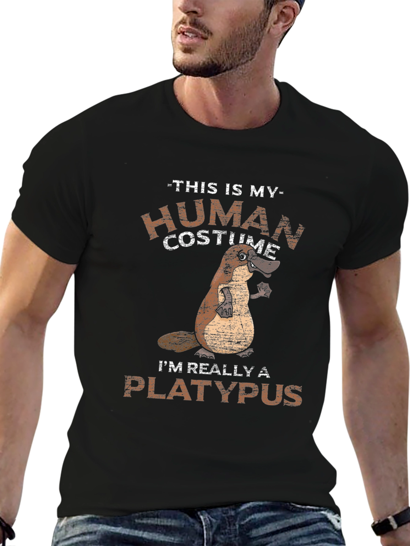 Black Human Costume I'm Really A Platypus Funny T-Shirt view 6