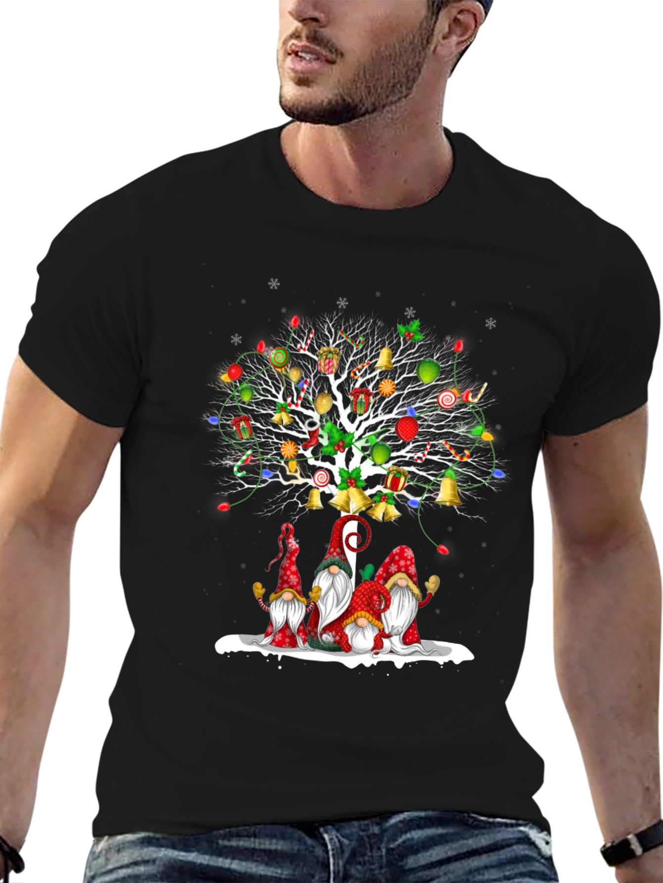 Black Festive Christmas Gnome Tree T-Shirt view 6