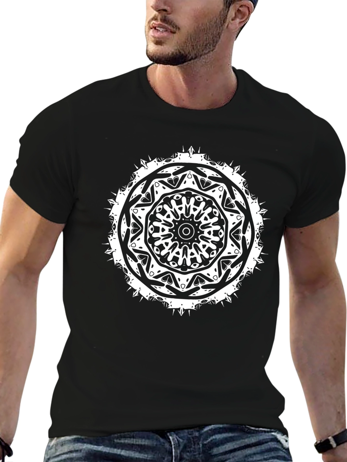 Black Men's Black T-Shirt with White Mandala Design view 6
