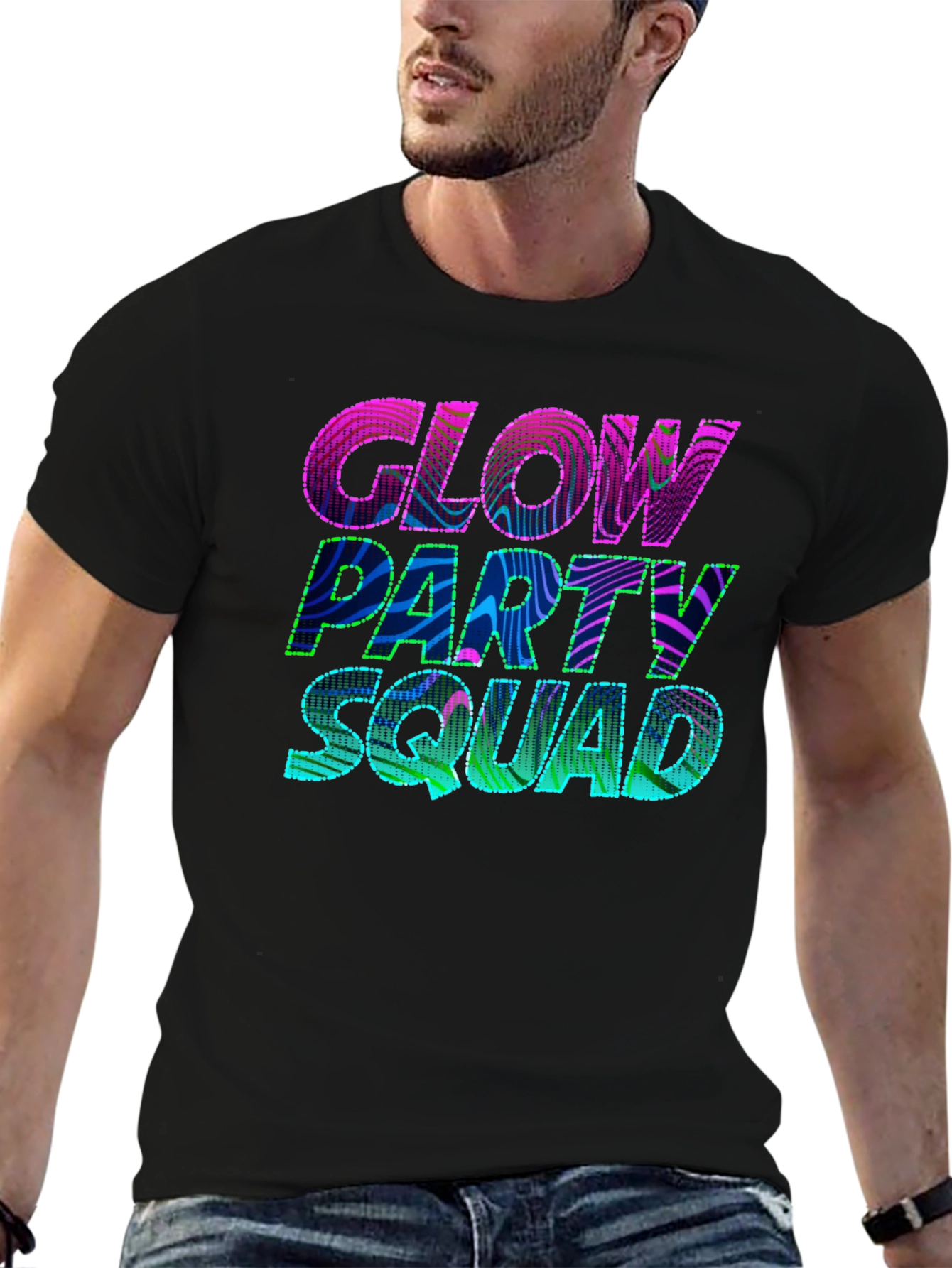 Black Glow Party Squad T-Shirt - Vibrant Neon Design view 6