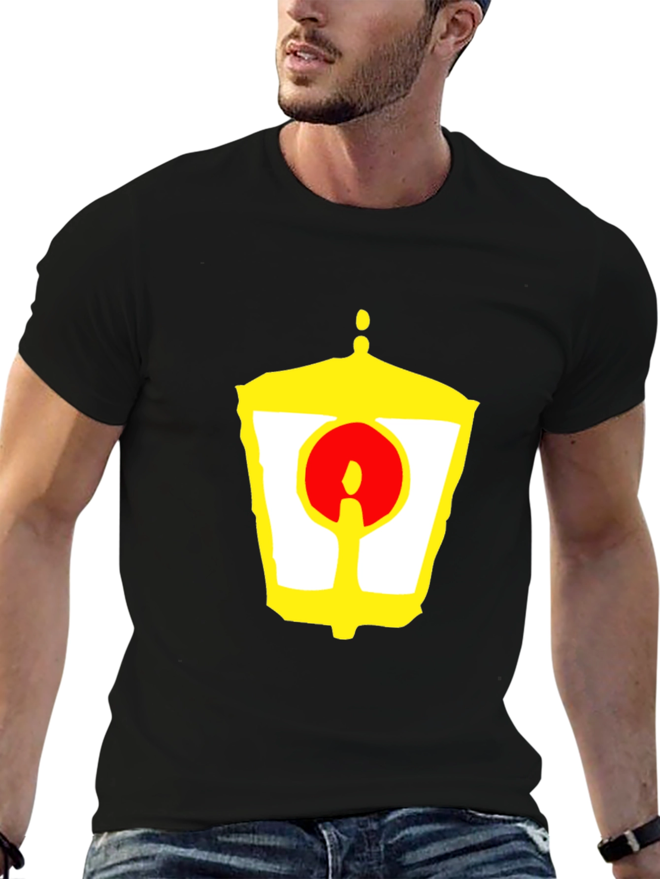Black Unique Graphic Tee - Yellow Lantern and Red Circle Design view 6