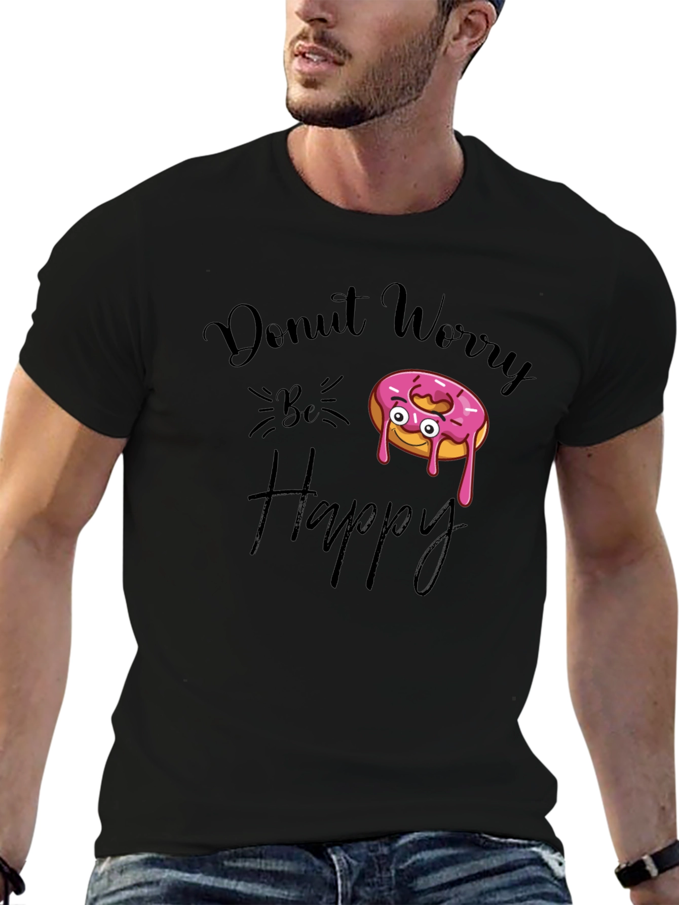 Black Donut Worry Be Happy Black Graphic Tee view 6