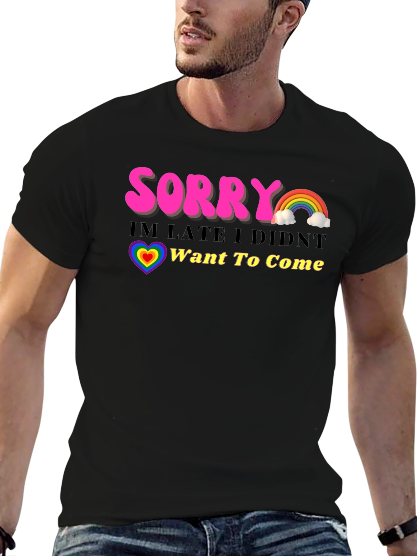 Black Funny Sorry I'm Late Rainbow Graphic T-Shirt view 6