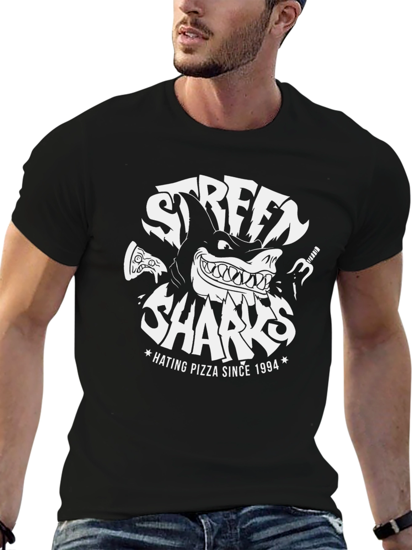 Black Street Sharks Hating Pizza Since 1994 Black T-Shirt view 6