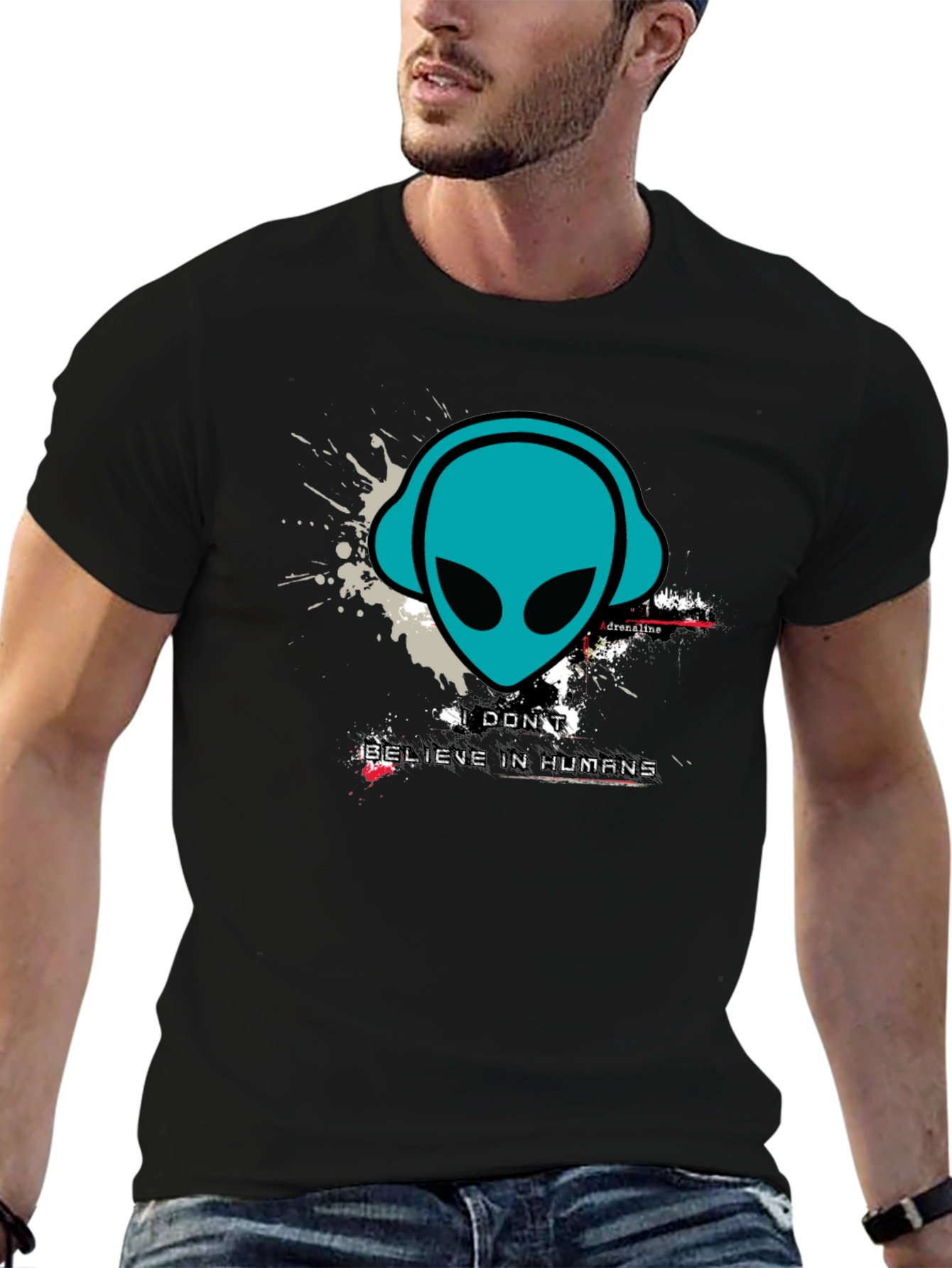 Black Alien Headphones Graphic Tee - Believe in Humans? view 6