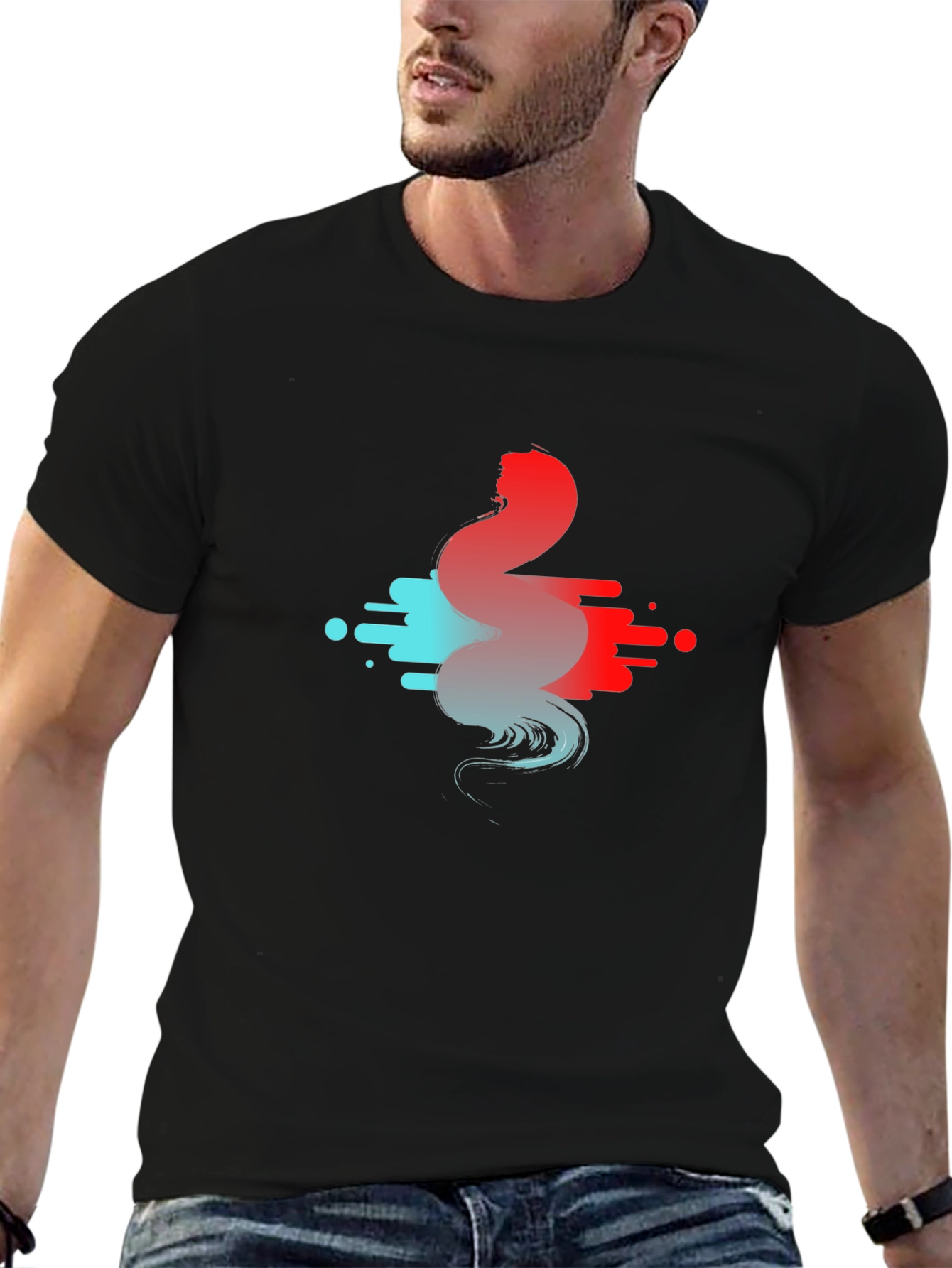 Black Abstract Wave Graphic T-Shirt view 6