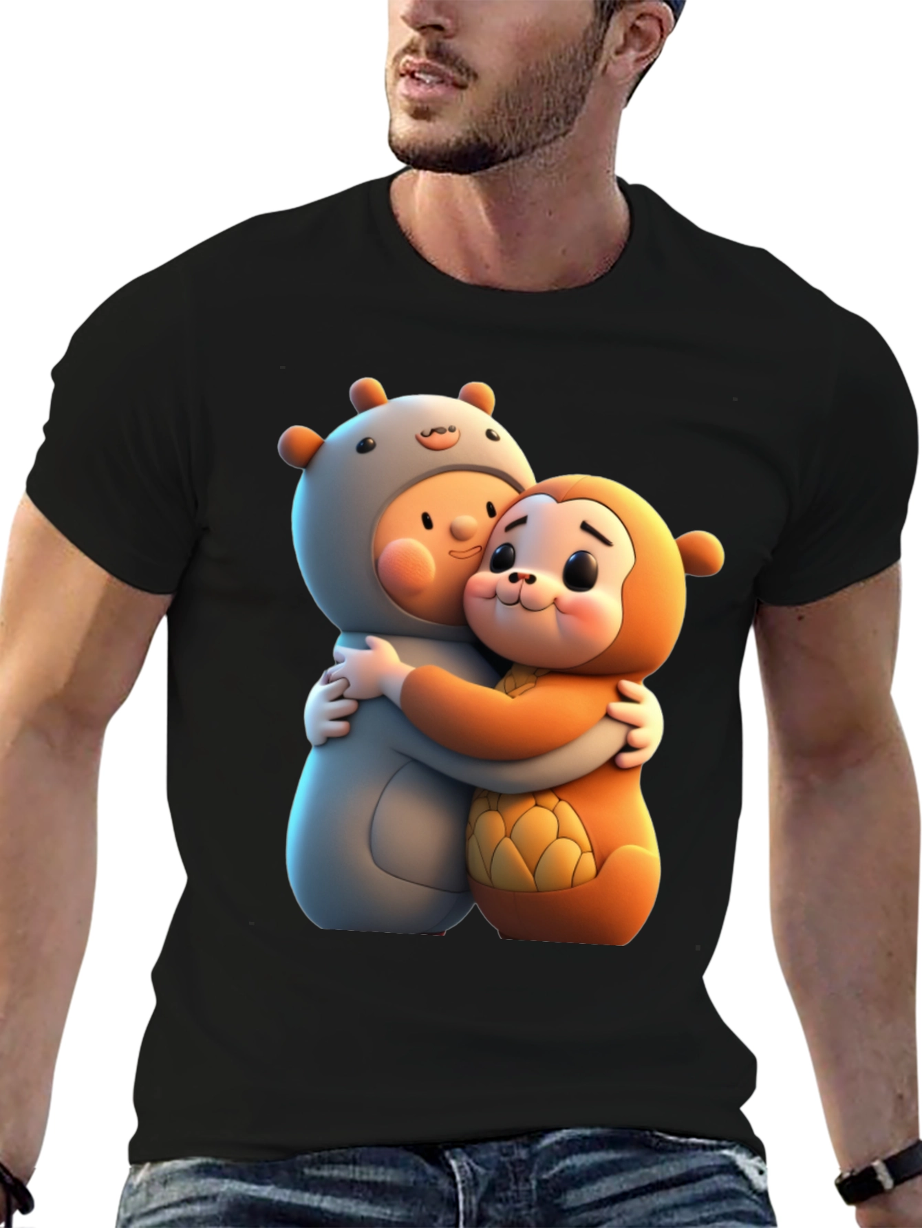 Black Cute Cartoon Character Hug Graphic Tee view 6