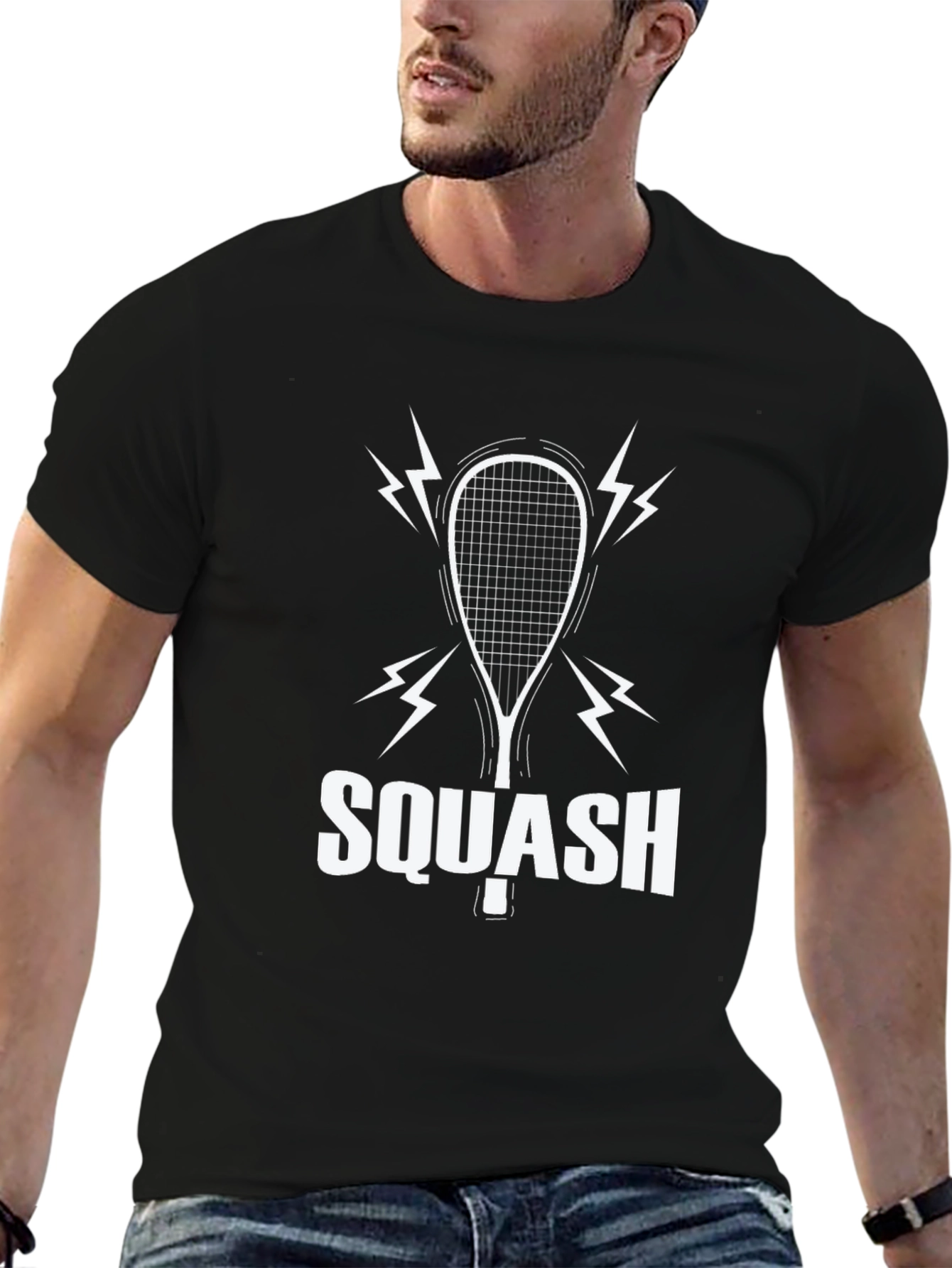 Black Squash Racket Graphic T-Shirt - Black Cotton Tee view 6