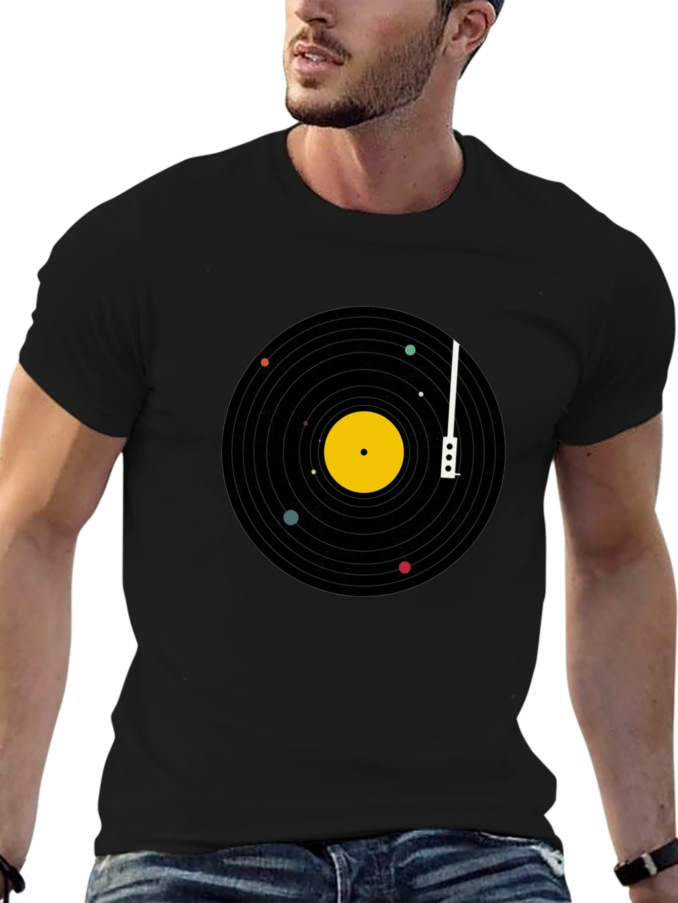 Black Planetary Vinyl Record T-Shirt - Black Cotton Tee view 6