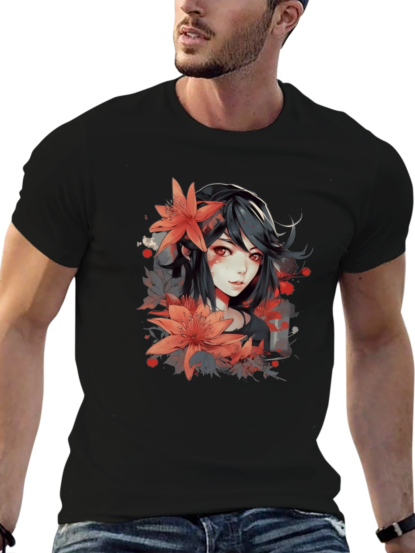 Black Anime Girl Floral Graphic Black T-Shirt view 6