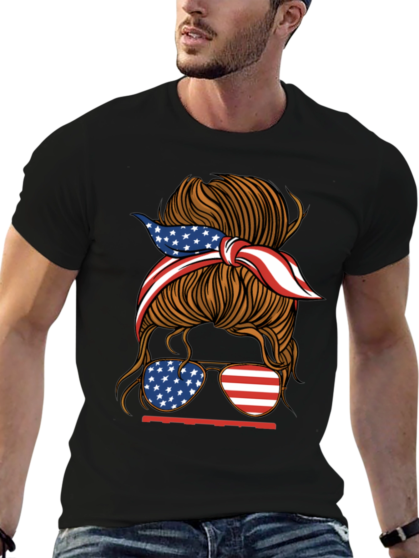 Black Patriotic Messy Bun Women's Graphic Tee view 6