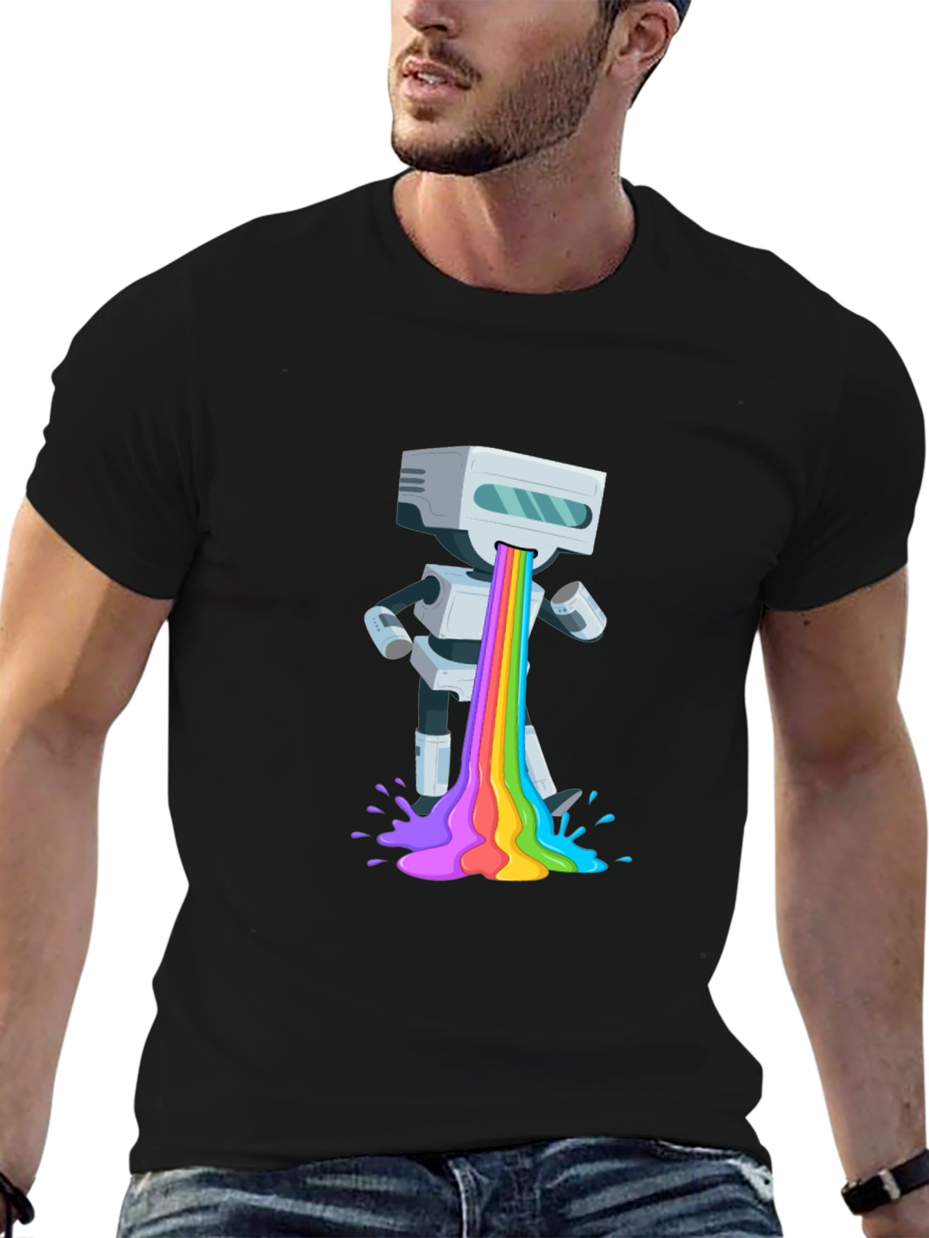 Black Robot Rainbow Puke Graphic T-Shirt view 6